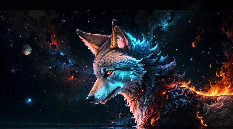 Un Loup, Animal, Dans les flammes, Yeux rouge, Hurlement, dans l'espace