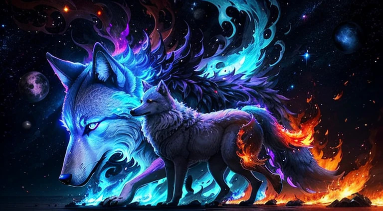 Un Loup, Animal, Dans les flammes, Yeux rouge, Hurlement, dans l'espace