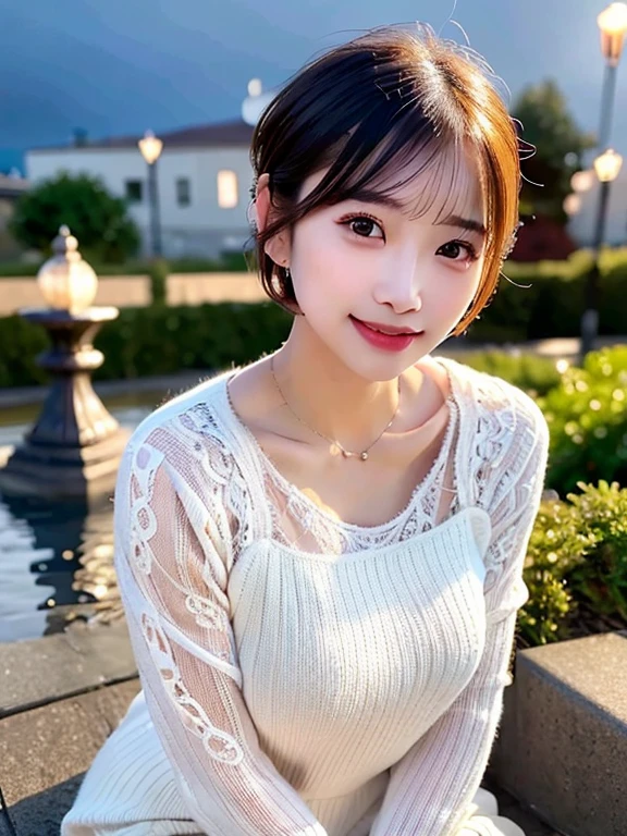 ((Best of the highest quality, 8k, Masterpiece: 1.3, raw photo)), Sharp focus, (1 AESPA, slim body type female, 21 y/o: 1.1), (Solo: 1.2), (realistic, photo-realistic:1.37), face focus, cute face, finely eyes, (small breasts, flat chest, Thigh: 1.3), (short messy hair: 1.28), (off shoulder chiffon dress: 1.2), sitting, terrace dining, cafe, sun light, flower,