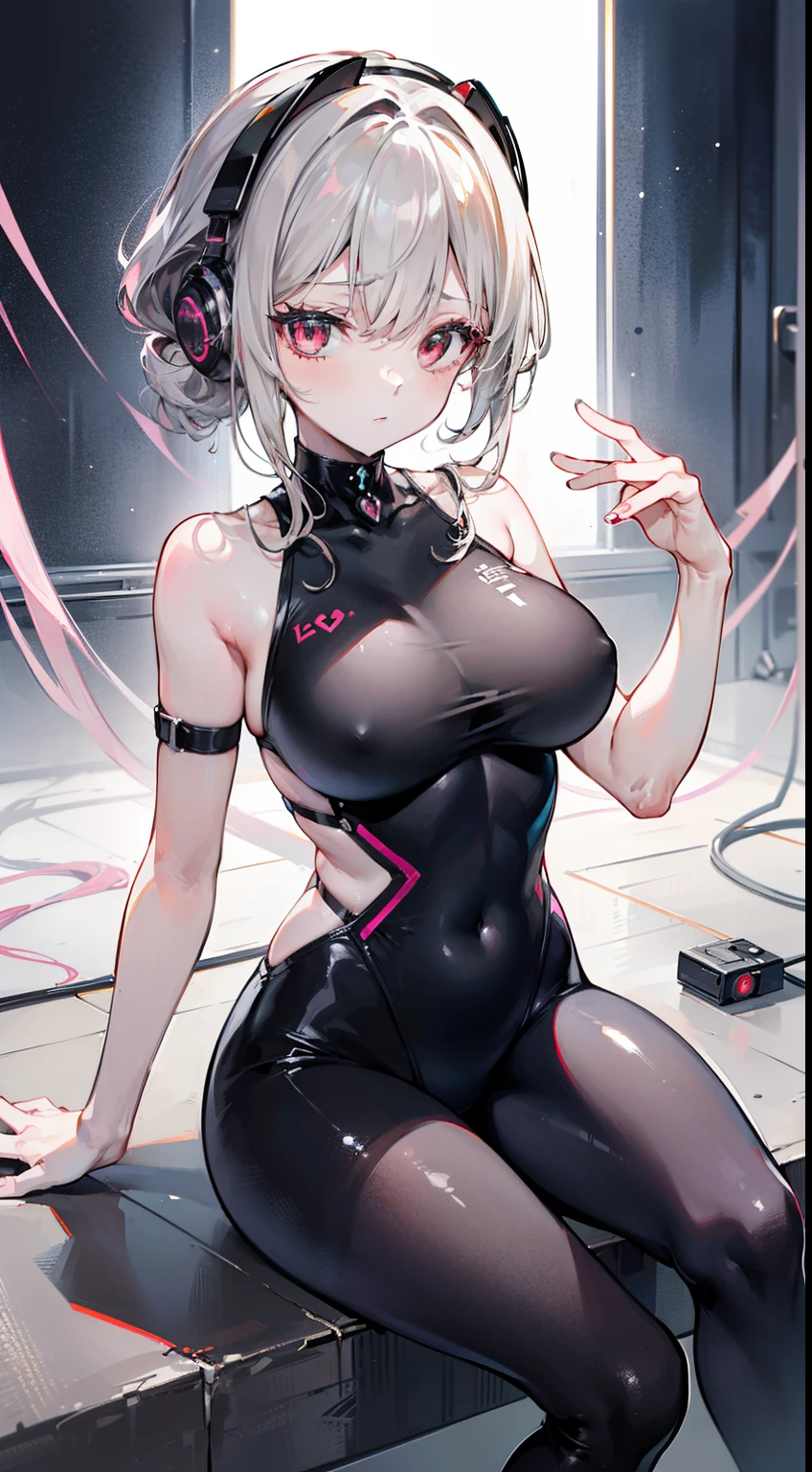 (top-quality、masterpiece、high-level image quality、Super delicate)、((a beauty girl))、(Smooth ash gray gradation hair)、(curly braided ponytail、bangs are long)、(brainwashed red eyes)、obscene choker、Moderately large breasts、((Black tight suit))、A jewel-like pink core on the chest、Obscene tattoos、heart black headphones、 ((Brainwashing hypnosis))、Estrus state、Manipulated、(insertion)、Opening legs