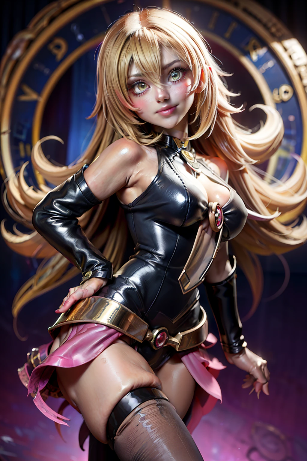 anime, Mujer, solamente, Cabello largo, They are smiling, debajo de los senos, cabello rubio dorado,  cabello lacio desordenado, cabello encrespado,  ojos amarillos dorados, cuerpo completo,  Orejas de caballo, Conjunto de punk rock, Pose sujestiva y sensual