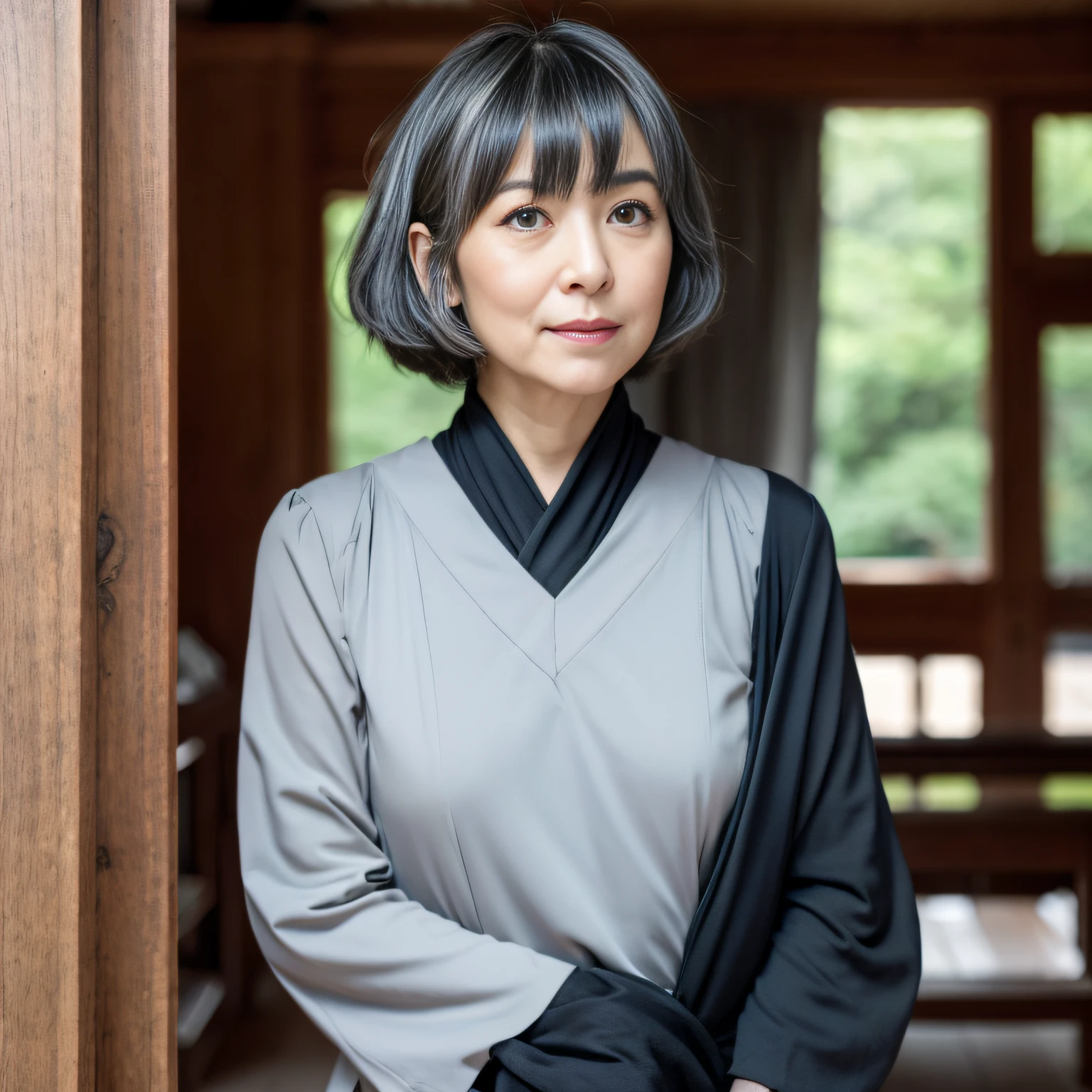top-quality、ultra-detailliert、8k photo、Close-up portrait of a gray-haired person in a black top, toppless,Gray color, With short hair, with short hair with bangs, Dark gray hair, blue gray, white hime cut hairstyle, black hime-cut hair, hair blackbangs hair, Flat gray color, Really short dark gray hair, two color hair, hime-cut, neat hair with bangs