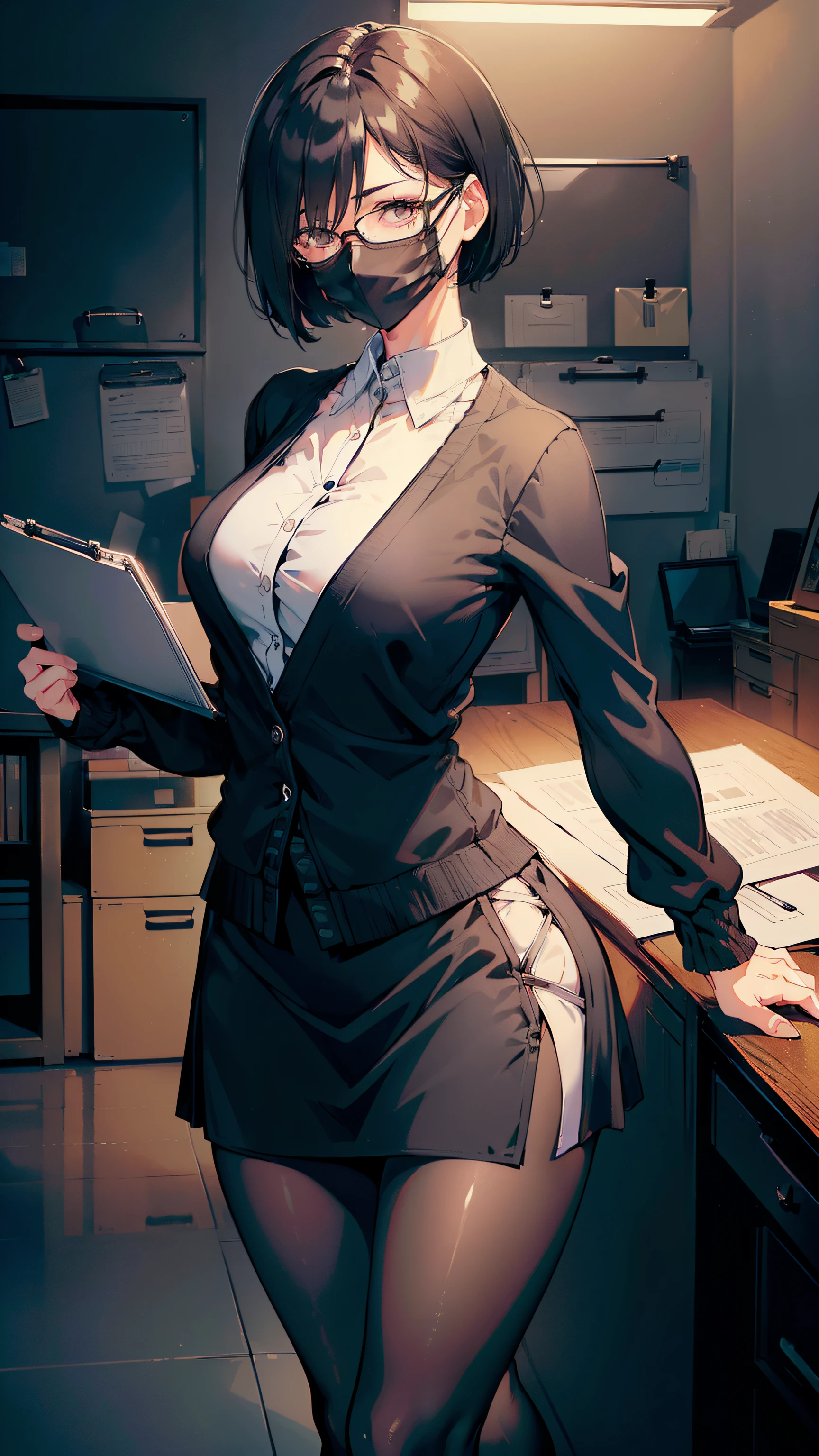 (((((middle age woman))))), masterpiece, ultra detailed, 8k portrait, RAW photo, portrait photography, highly detailed face, 1 woman, (((((standing spread legs))))), 33 years old, (((((tall))))), (((small eyes))), glasses, (surgical white mask), (((black very short cut hair))), (((hair over one eyes))), (((white skin color))), (((((Office lady suits))))), (((((put on a black cardigan))))), (((((long skirt))))), ((black tights)), (((pumps))), (((hug a clipboard))), Midday Sun, hyper realistic, Body model, Small breasts, Beautiful breasts, (big butt), Long legs, in the office room, Ambient lighting, Shadow details , Camera focus on face, strong breeze, Light fog