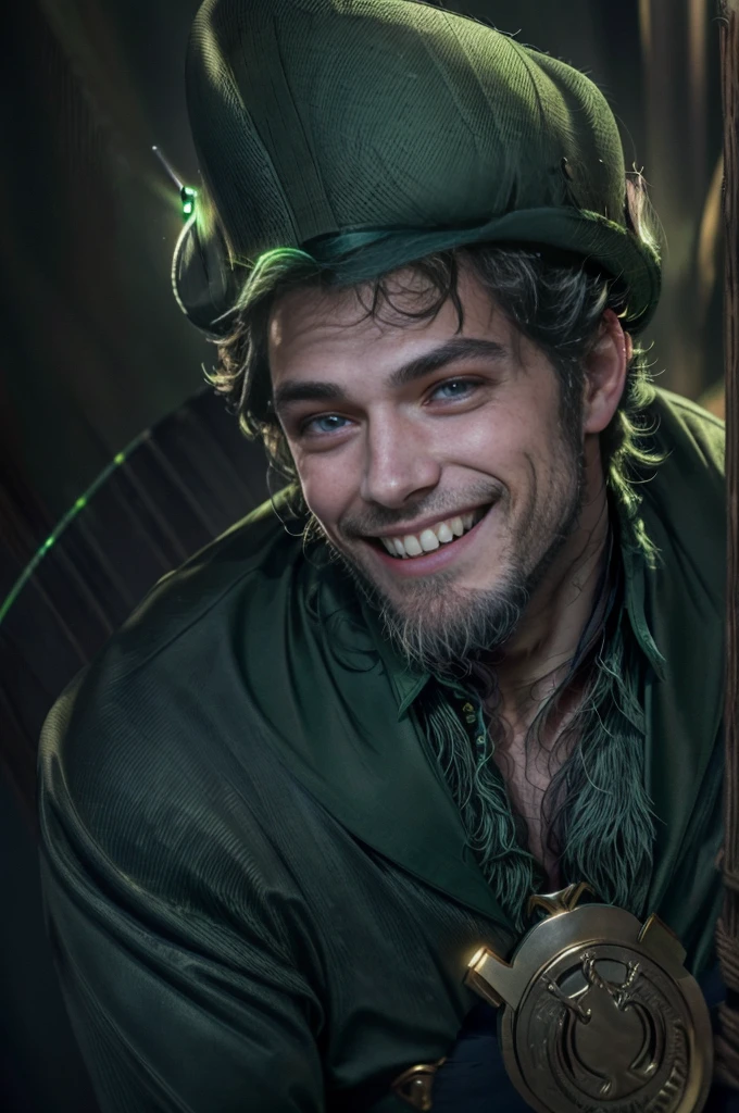 a man, 18 years old, ((((A portrait of a beautiful leprechaun)), (((Full 18 year old male)), Charming and sexy, Friendly and mischievous, ((Green top hat )), ((((beard and smile)),Daeni Pin Style, [Daniel F. Gerhartz Style::0.5], UHD Image, Hire, 8k, photo-realistic, Epic lighting, Sharp, Realistic, Romantic, focus,