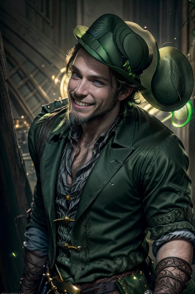 a man, 18 years old, ((((A portrait of a beautiful leprechaun)), (((Full 18 year old male)), Charming and sexy, Friendly and mischievous, ((Green top hat )), ((((beard and smile)),Daeni Pin Style, [Daniel F. Gerhartz Style::0.5], UHD Image, Hire, 8k, photo-realistic, Epic lighting, Sharp, Realistic, Romantic, focus,