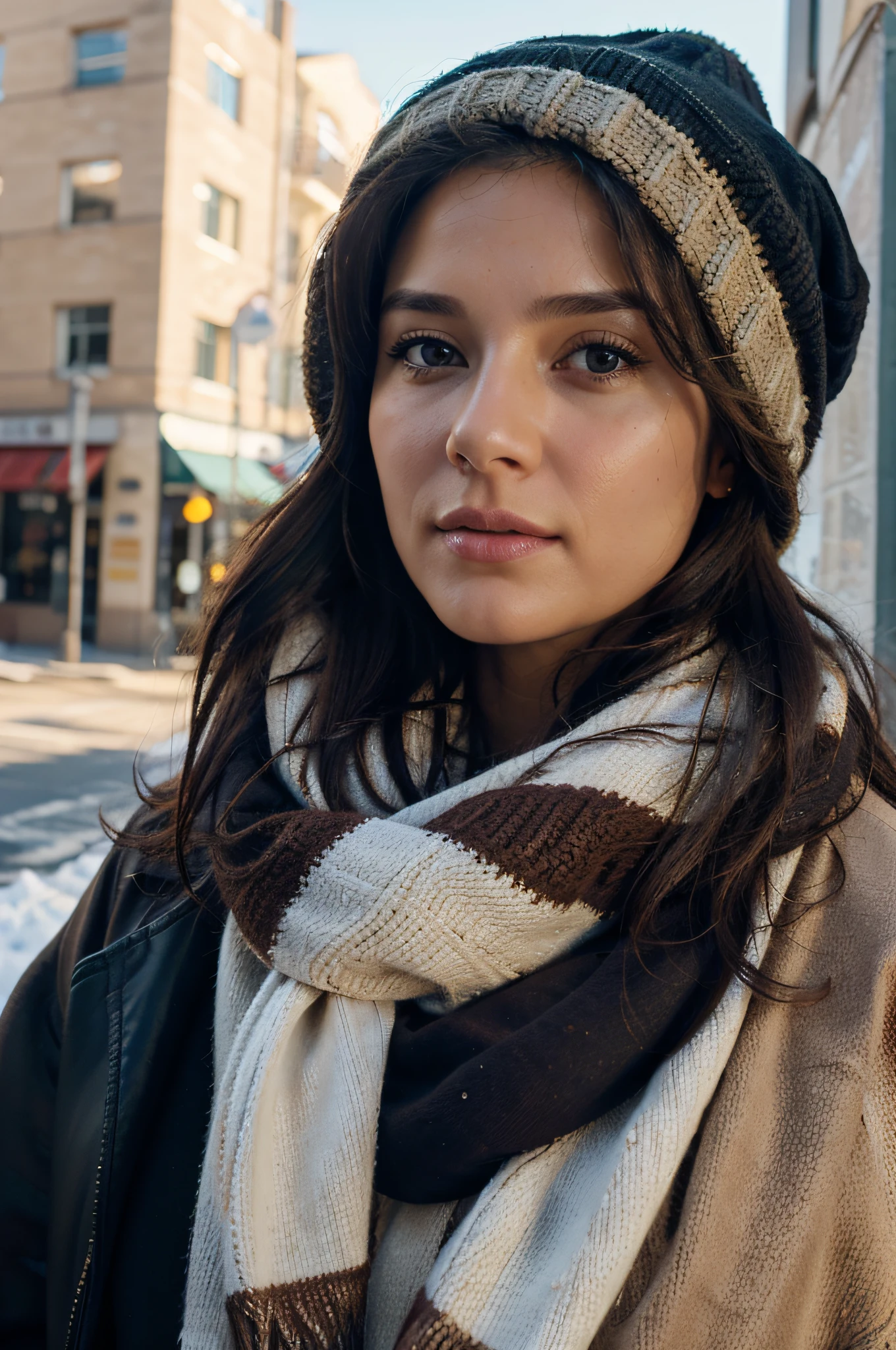 (realistic), (detailed), (master piece), (best quality), (hyper-realistic), (4k quality), (Super 8K), (master piece), (best quality), (cinematic), (photorealism ), (Processed), (realistic), (ultra-detailed), cold colors, profile photo, with blurred background, only blue sky in the background, a woman from the front, 37 years old, fair skin, brown eyes, wavy hair, brown, wearing a winter hat, scarf, sweatshirt, cold colors
