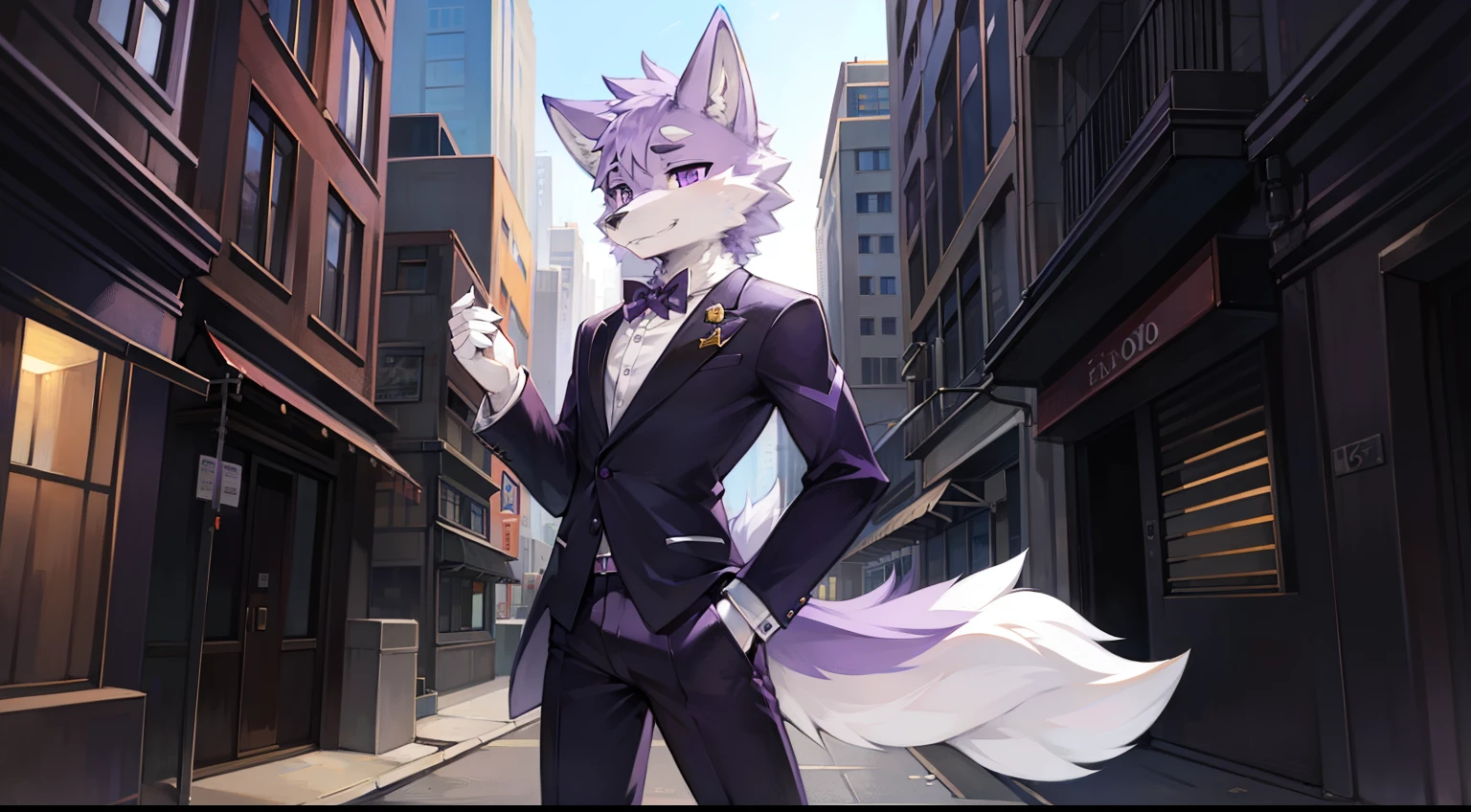 (furry art, uploaded on e621:1.4), (masterpiece:1.3), (best quality:1.2),(2D:1.0), (anime:1.0), (illustration:1.0), (sharp:1.2), (light_environment), (city), (clear, shiny:0.8), (impasto:1.1), (ultra-detailed:1.0) (1boy, solo), white and purple, (anthro furry:1.6), (anthro_male_wolf:1.2), (white and purple fur:1.6), tuxedo, long pants, pov from below, purple eyes, full body view, Purple fur