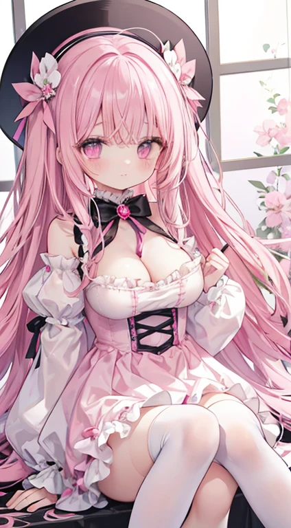 1 woman、Light pink fluffy and soft hair、Eyes that sparkle like pink jewels、dream cute dress、Lots of frills and ribbons、(爆乳)、(top-quality)、Long enough sleeves to hide your hands、A miniskirt that shows your thighs、knee high socks、Garnets are scattered