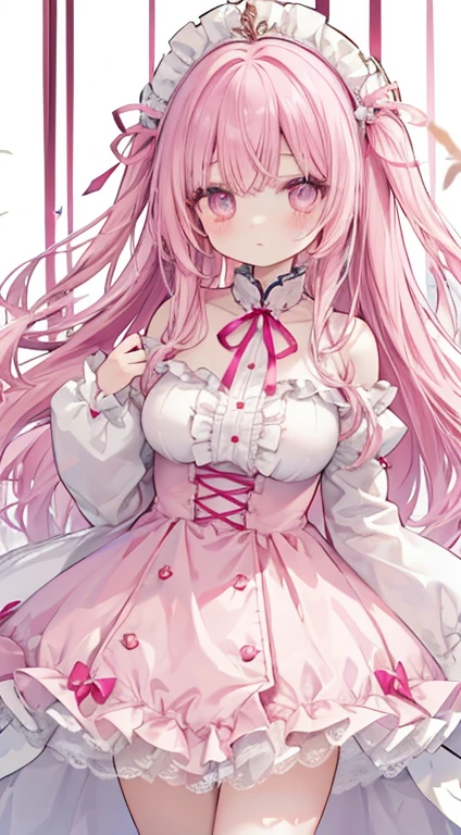 1 woman、Light pink fluffy and soft hair、Eyes that sparkle like pink jewels、dream cute dress、Lots of frills and ribbons、(爆乳)、(top-quality)、Long enough sleeves to hide your hands、A miniskirt that shows your thighs、knee high socks、Garnets are scattered