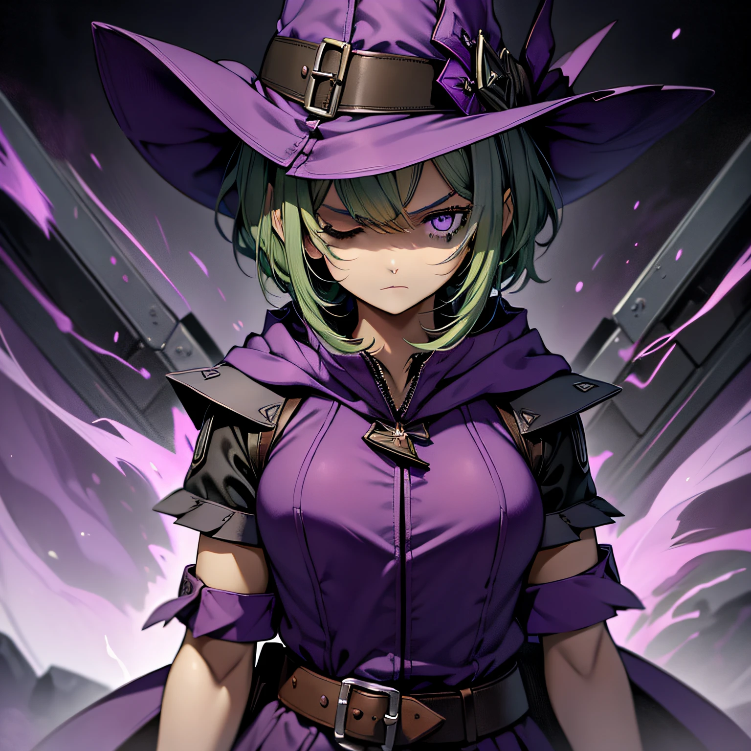 top-quality、extremely delicate and beautiful、(A girl)、Purple Eye、Green hair、short-haired、(purple witch hat)、Purple tie、Tactical Vest、Soio、shortsleeves、Purple skirt、Purple Wizard Robe、Navel、is standing、Facing the front、Expression of hatred、Dark background、Only eyes、one eye closed