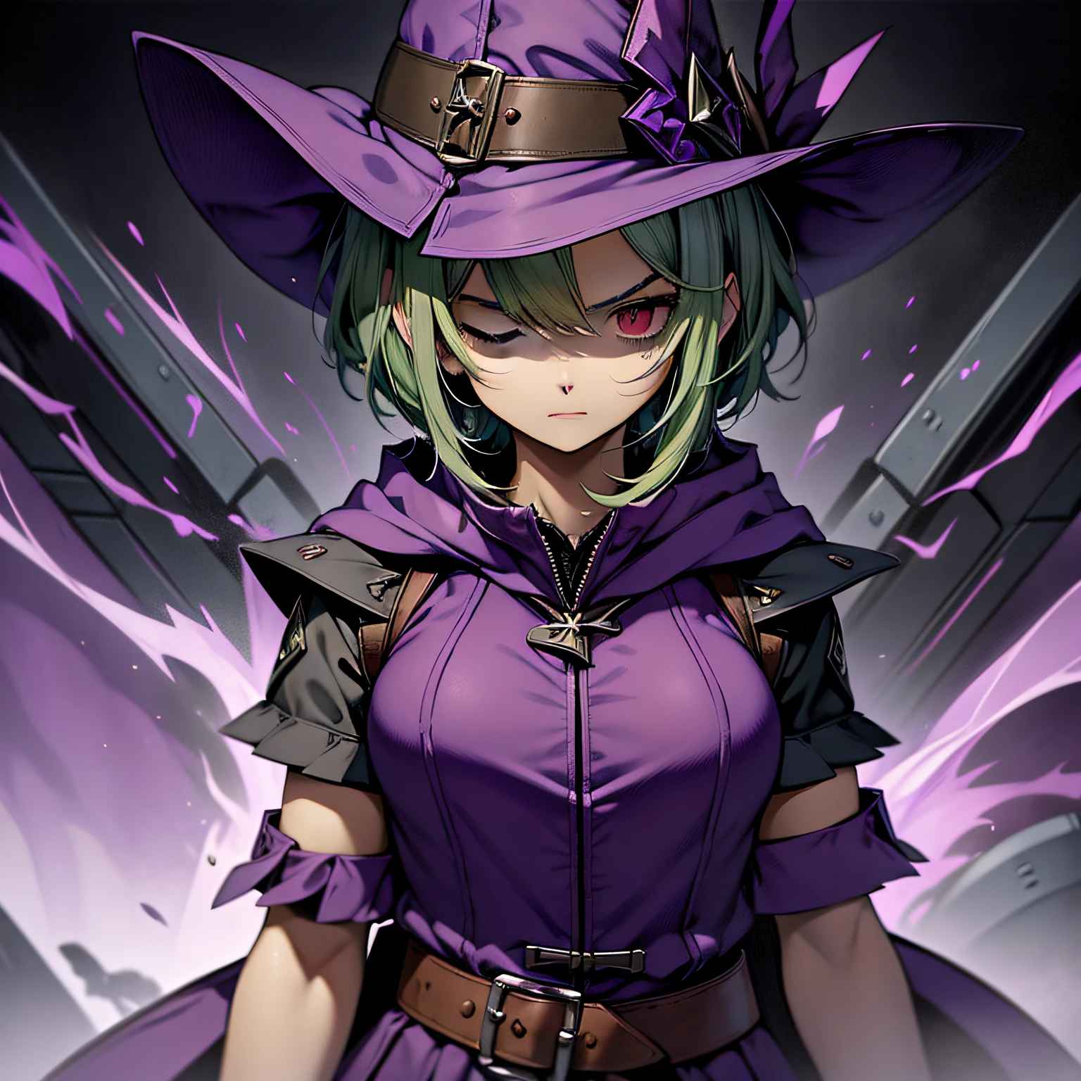 top-quality、extremely delicate and beautiful、(A girl)、Purple Eye、Green hair、short-haired、(purple witch hat)、Purple tie、Tactical Vest、Soio、shortsleeves、Purple skirt、Purple Wizard Robe、Navel、is standing、Facing the front、Expression of hatred、Dark background、Only eyes、one eye closed