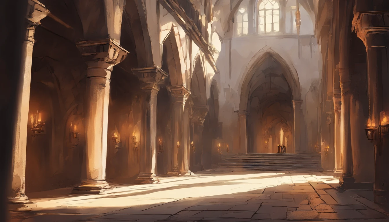 (best quality,4k,highres,masterpiece:1.2),ultra-detailed, top down sideways view on long hallway in a medieval castle during a solemn sunset with stone walls and tall windows and sorrowful sunlight shining through the windows, a nostalgic and hopeless atmosphere