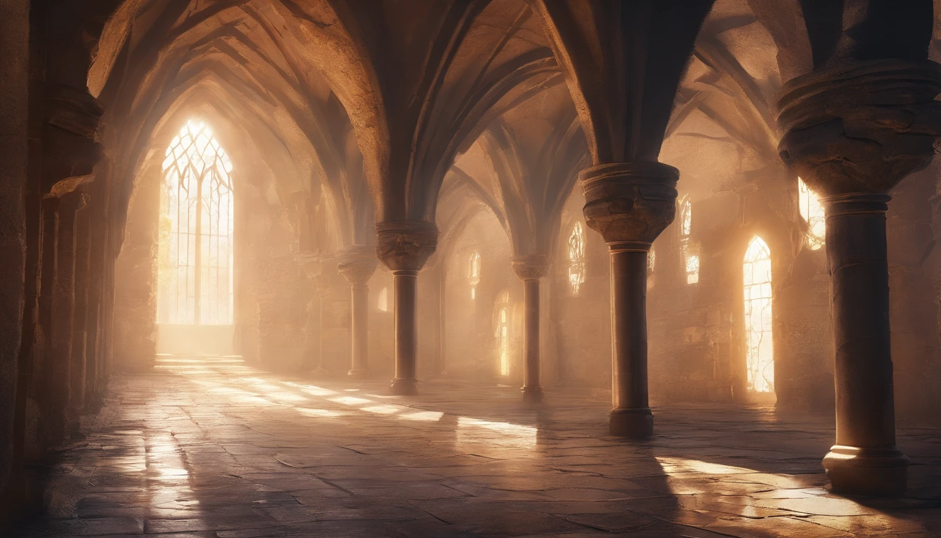 (best quality,4k,highres,masterpiece:1.2),ultra-detailed, top down sideways view on long hallway in a medieval castle during a solemn sunset with stone walls and tall windows and sorrowful sunlight shining through the windows, a nostalgic and hopeless atmosphere