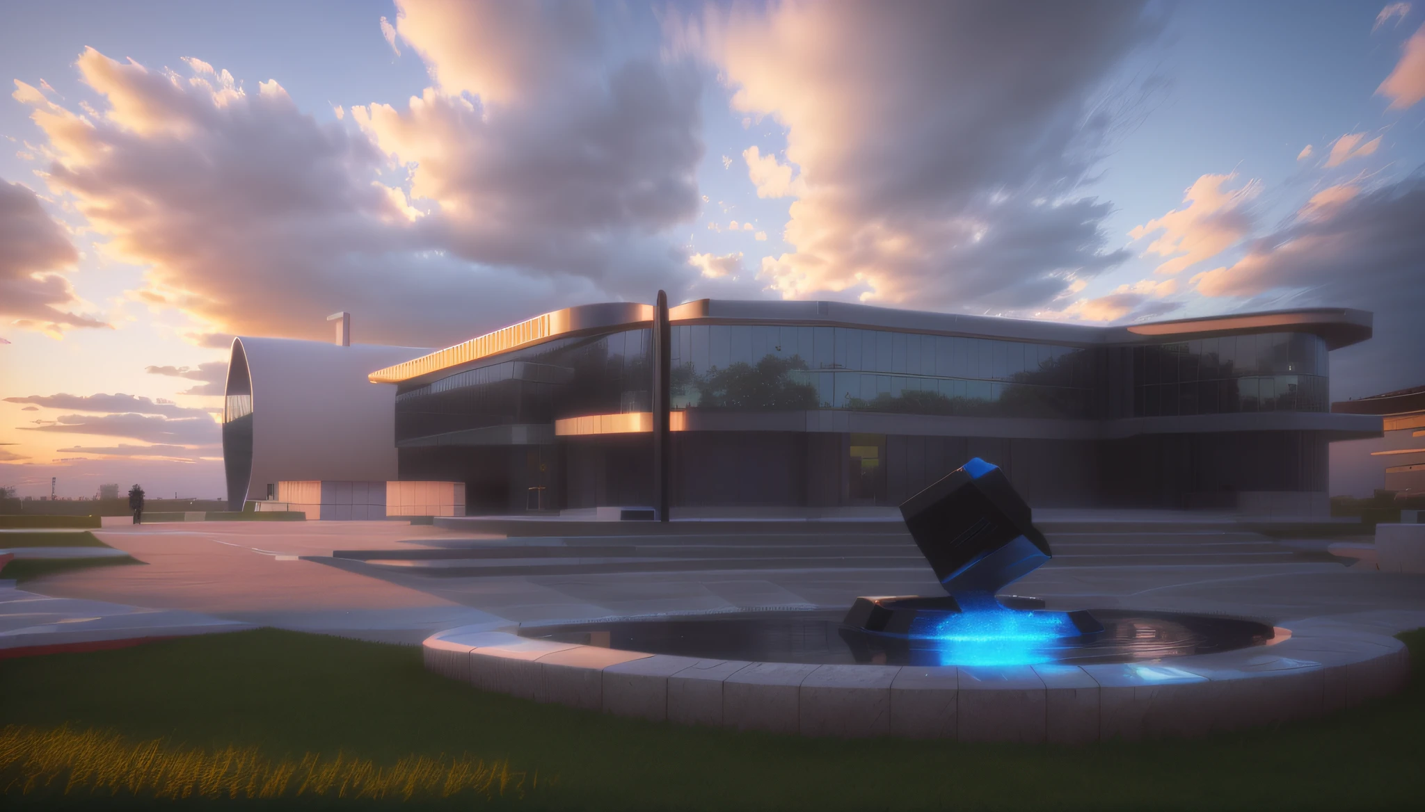 there is a fountain in front of a building with a sky background, artstation hq”, rendered in lumion, rendered in lumion pro, render in vray, rendered in octane 3d, architecture render, rendered in povray, rendered in octane render, rendered in vray, semi - realistic render, rendered in octane, rendered in keyshot, trees in background