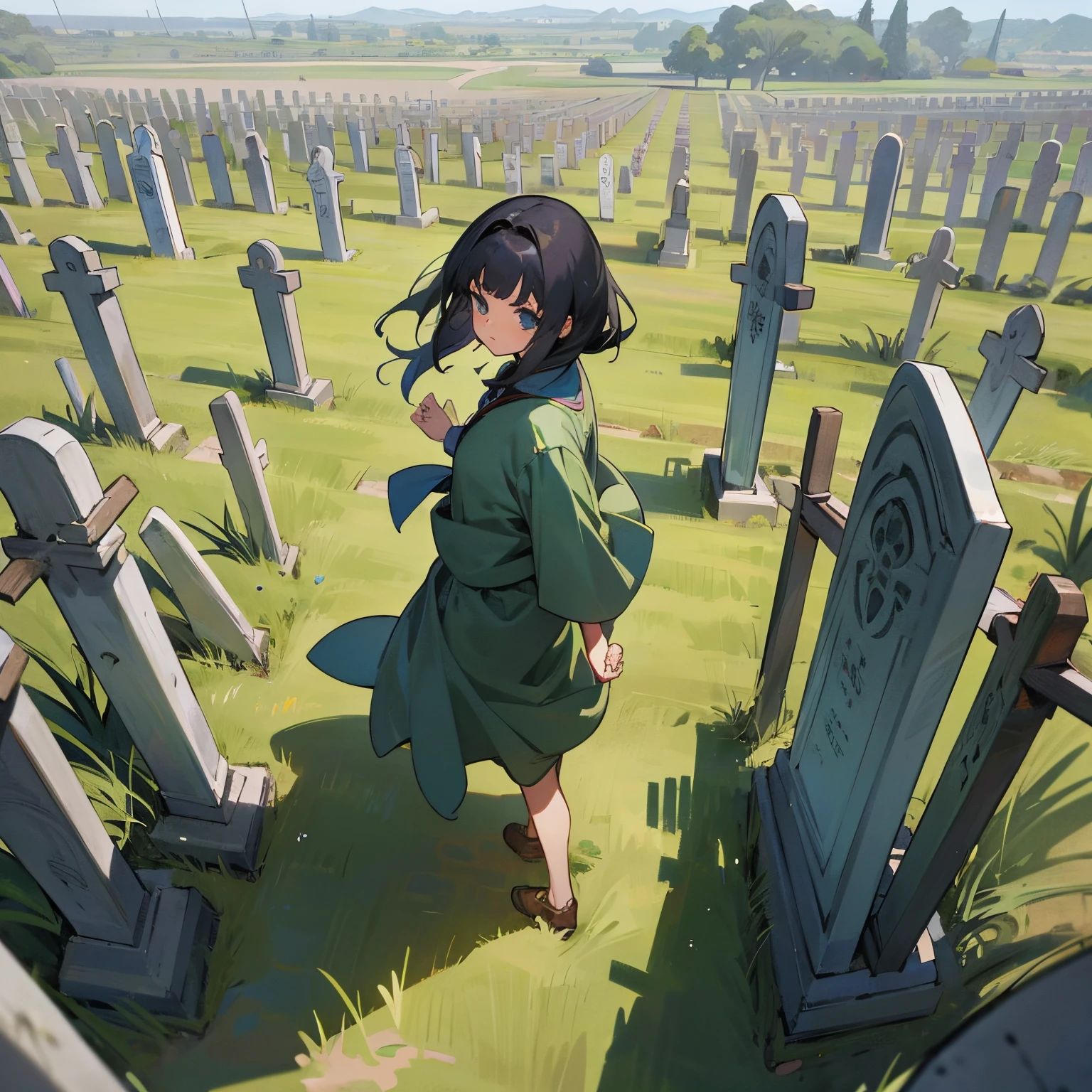 Anime style, melhor qualidade possivel; Simple cemetery, uma arvore seca com uma coruja no galho, tombs and graves, uma zumbi mulher jovem zumbi, cor acinzentada, camiseta suja e surrada aparecendo os ombros, de calcinha preta, extend your hands as if you were going to look for something, olhos bem abertos, boca babando, cabelos sujos, she walks among the tombs, lua cheia ao fundo; add written speech bubble "BRAINS"