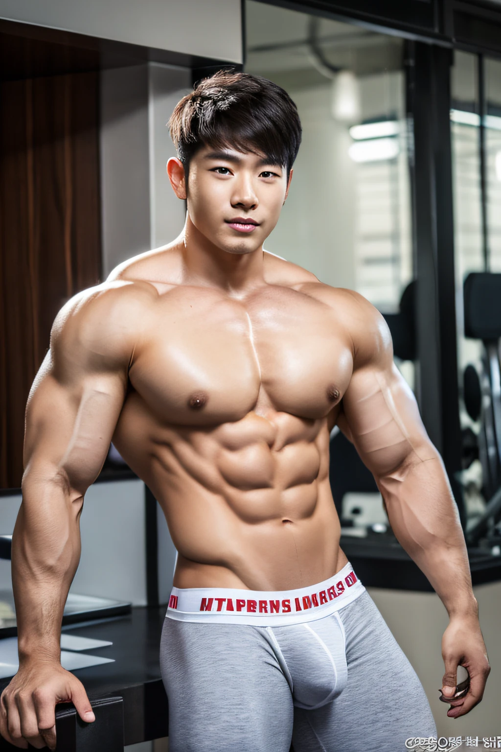 tmasterpiece, Best quality at best, 2 Korean men, white backgrounid, body builder, muscle body, large muscle, Natural eyes, large bulge, Short hair details, Sexy guys, Look at each other, , Men's briefs, There are on the upper body,There is nothing on hand