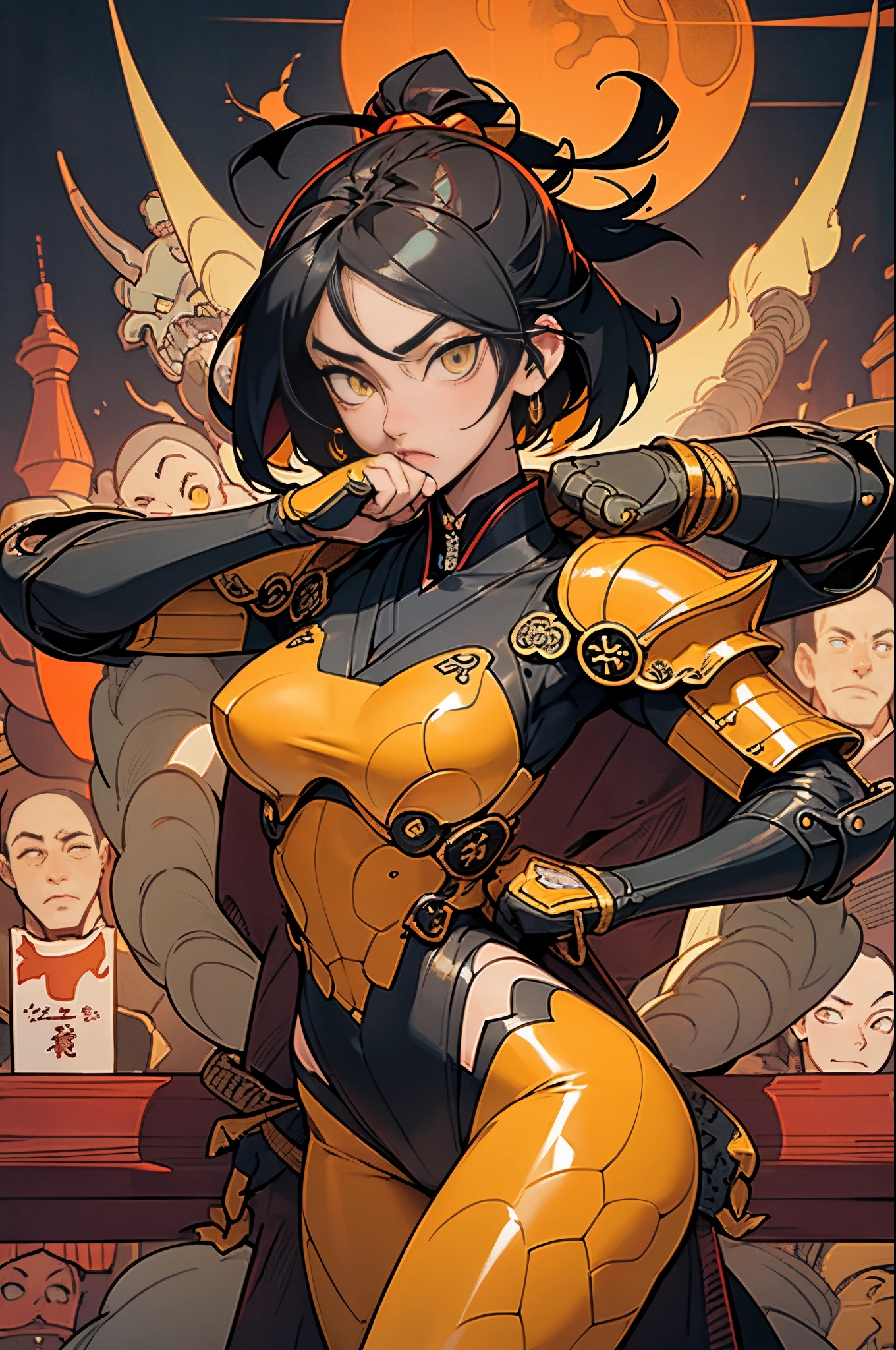 [Shinjuku background at night],Ginrei from Giant robot, (HENTAI ANIME) (Japanese NINJA Girl (Beauty) 19yo student) petite and muscular [Slim & fit body], Short Bob Cut,([hornet] Orange Ninja Battle Armor) scarf [stall] ((Fitting rubber inner) [honeycomb] [edg]) hair adornments (Dull metallic luster:0.8),gravure [KUNOICHI],(Perfectly proportioned),Ideal color coordination),(Intricate and beautiful decoration (Dense detail)),[Perfect hand details],(Beautiful perfect face, yellow eyes, yellow irises, [Perfect eye details, [Full body like], fit thighs, thigh gap,[[Desaturation]], pretty hands, perfect fingers