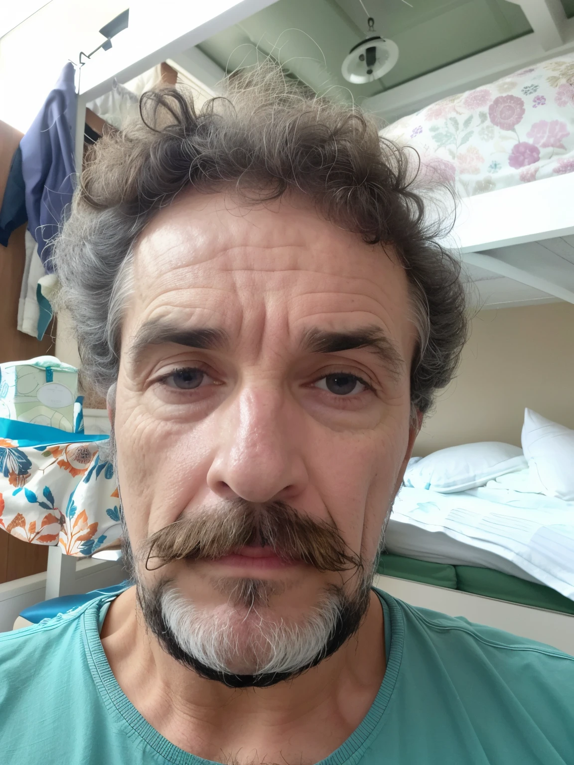 there is a man with a beard and a mustache in a room, branco ao redor do olho direito, foto de um homem branco de 50 anos, rosto machucado, sem mancha olho direito, 38 anos, Homem de 4 0 anos, Homens de 45 anos, nenhuma mancha sobre o olho direito, tired appearance, tired face, imagem frontal, 3 6 anos
