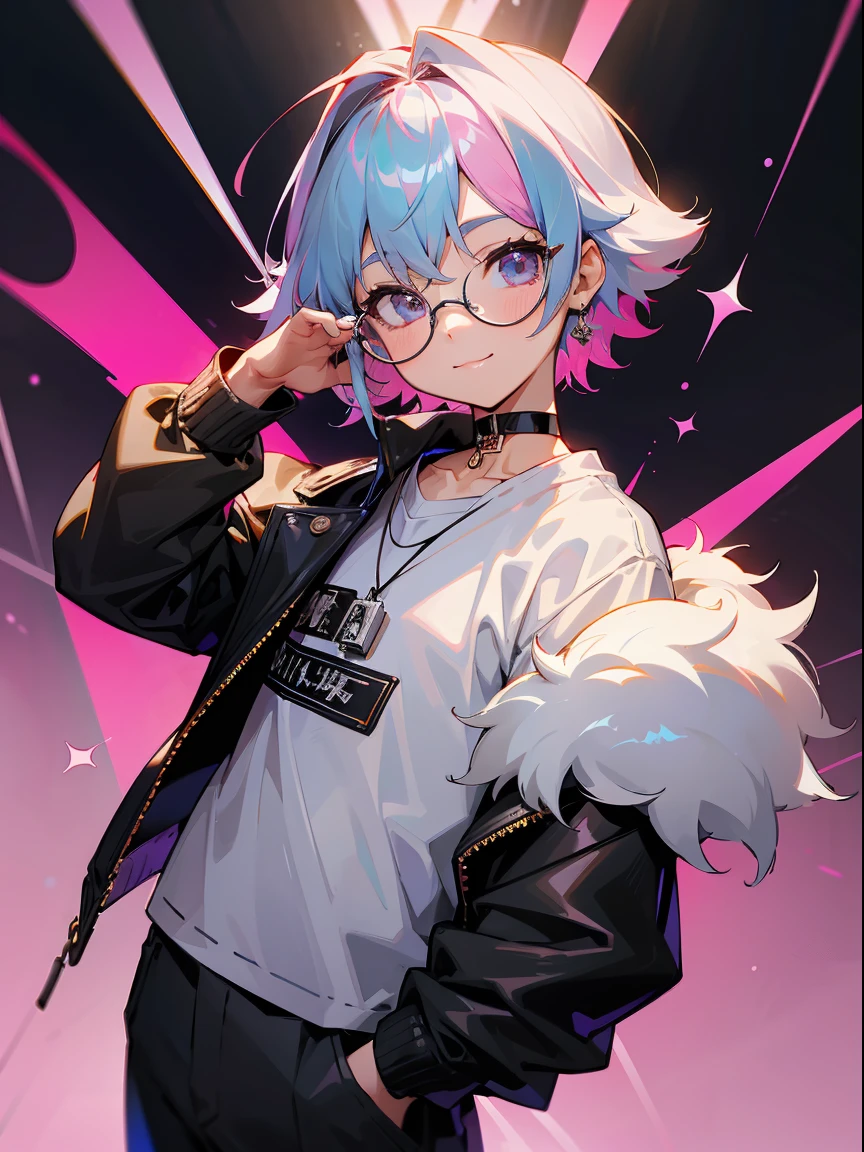 (Male child, eye glasses,A smile, silber hair)、独奏、jaket、Black jacket、Iridescent background、a choker、razor、Leather jacket、O cabelo multicolorido、cowboy shot、Color Inner Hair、bangss、White shirt、Fluffy clothes、Two-tone、Viewer's Perspective、is standing、a closed mouth、A pink-haired、Hand up、croptop、sideways Facing