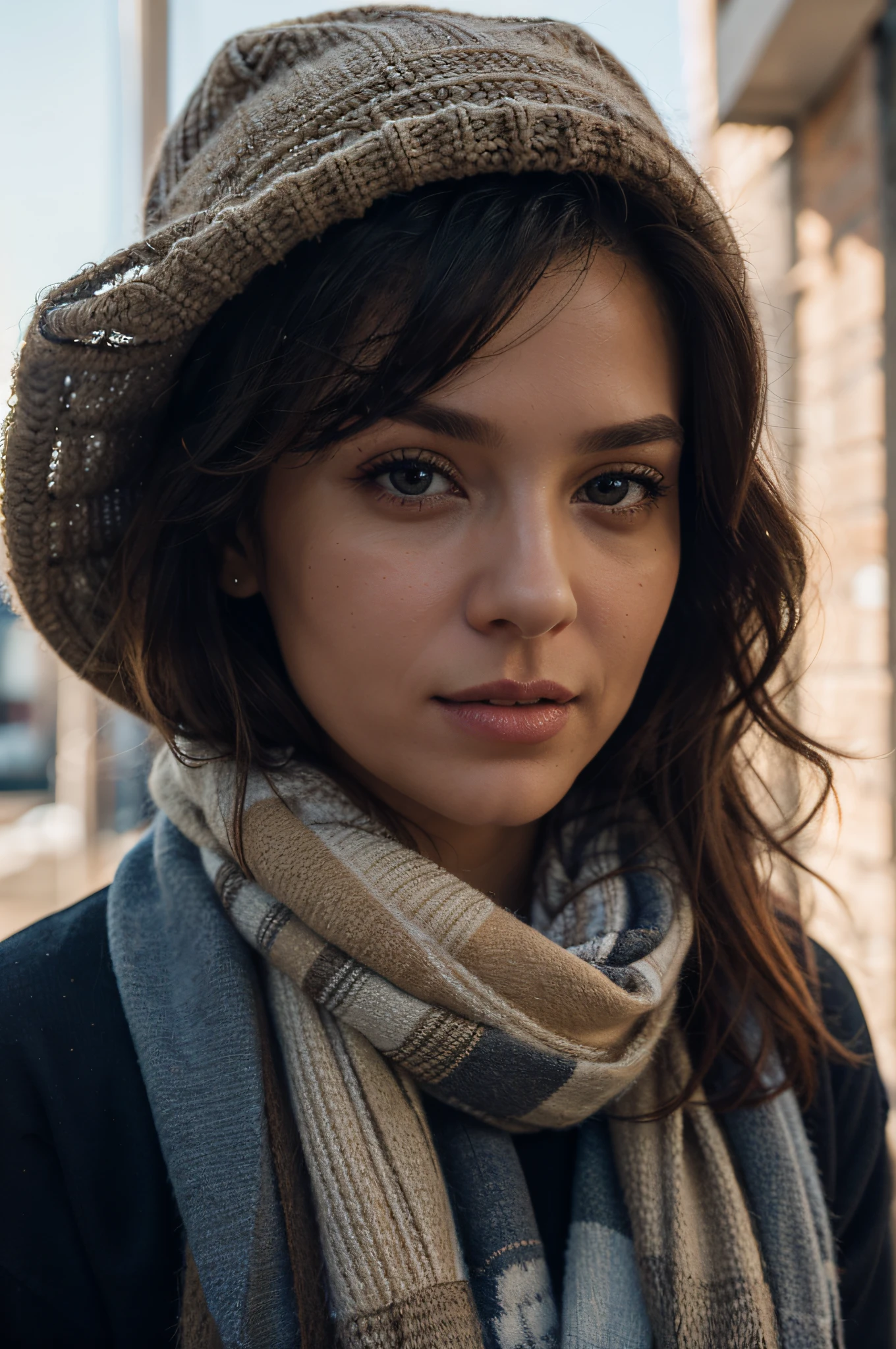 (realistic), (detailed), (master piece), (best quality), (hyper-realistic), (4k quality), (Super 8K), (master piece), (best quality), (cinematic), (photorealism ), (Processed), (realistic), (ultra-detailed), cold colors, profile photo, with blurred background, only blue sky in the background, a woman from the front, 37 years old, fair skin, brown eyes, wavy hair, brown, wearing a winter hat, scarf, sweatshirt, cold colors