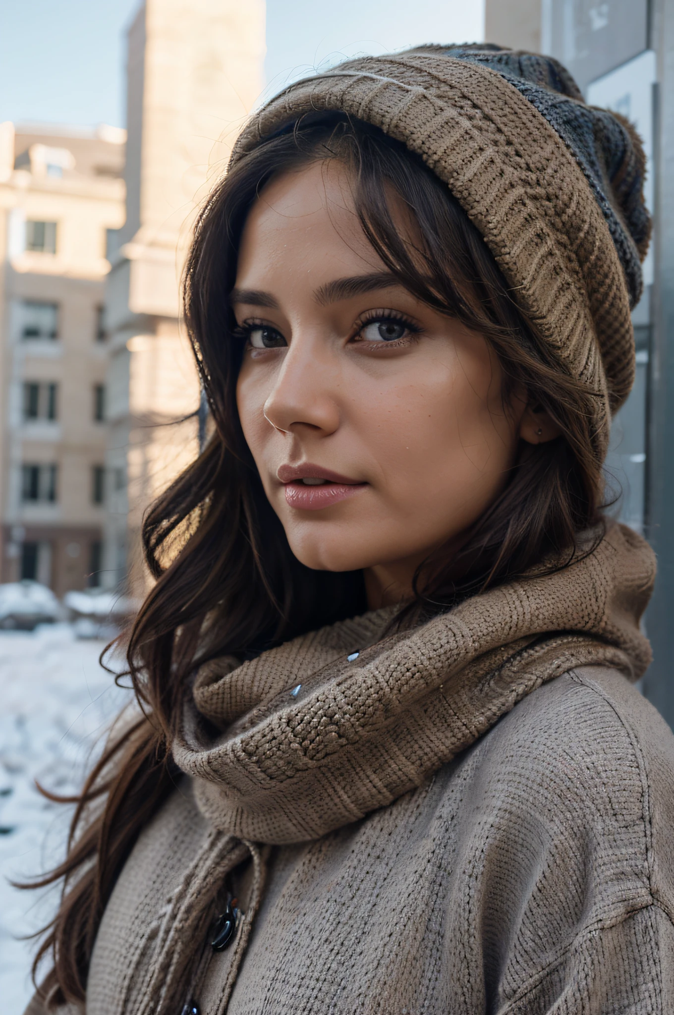 (realistic), (detailed), (master piece), (best quality), (hyper-realistic), (4k quality), (Super 8K), (master piece), (best quality), (cinematic), (photorealism ), (Processed), (realistic), (ultra-detailed), cold colors, profile photo, with blurred background, only blue sky in the background, a woman from the front, 37 years old, fair skin, brown eyes, wavy hair, brown, wearing a winter hat, scarf, sweatshirt, cold colors