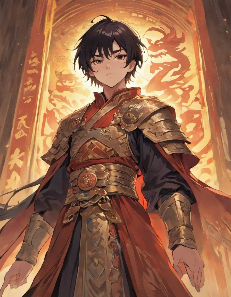 Standing in front of an ancient Chinese building, Cao Cao, an ancient general and a figure from the Three Kingdoms, has black hair, wears armor, holds a sword, and has a red cloak.