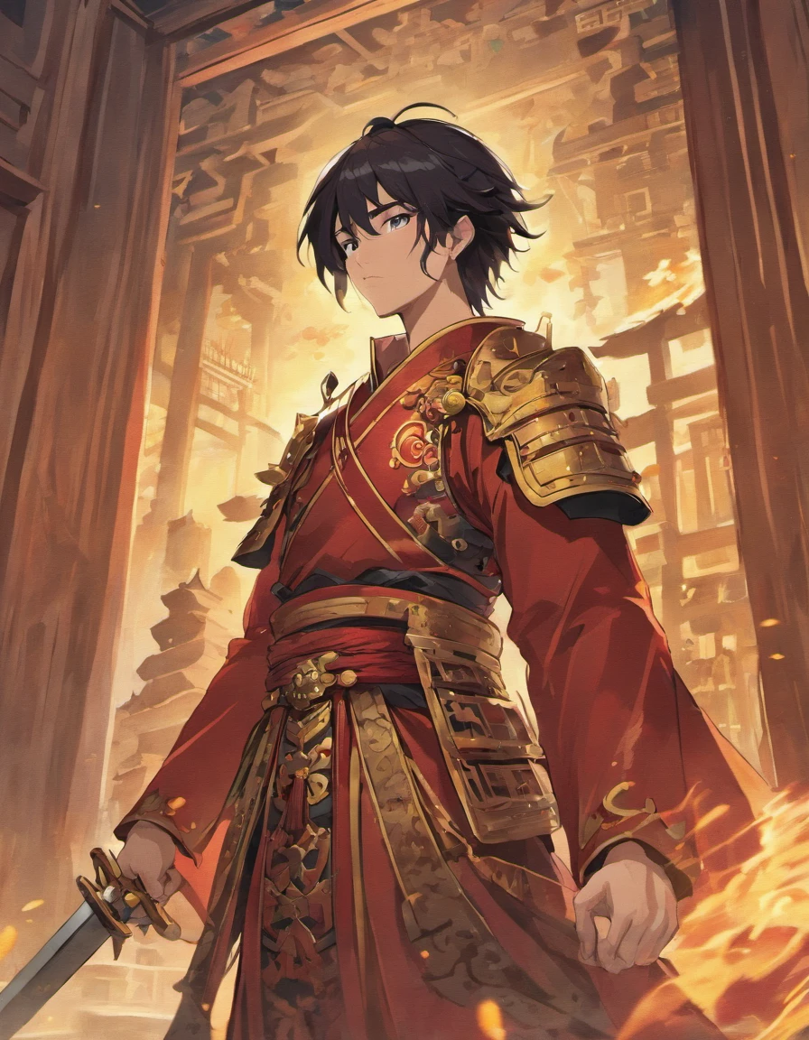 Standing in front of an ancient Chinese building, Cao Cao, an ancient general and a figure from the Three Kingdoms, has black hair, wears armor, holds a sword, and has a red cloak.