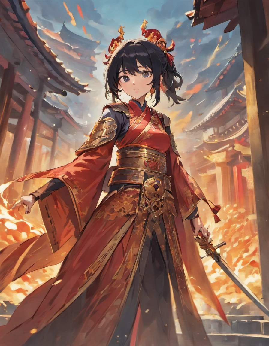 Standing in front of an ancient Chinese building, Cao Cao, an ancient general and a figure from the Three Kingdoms, has black hair, wears armor, holds a sword, and has a red cloak.