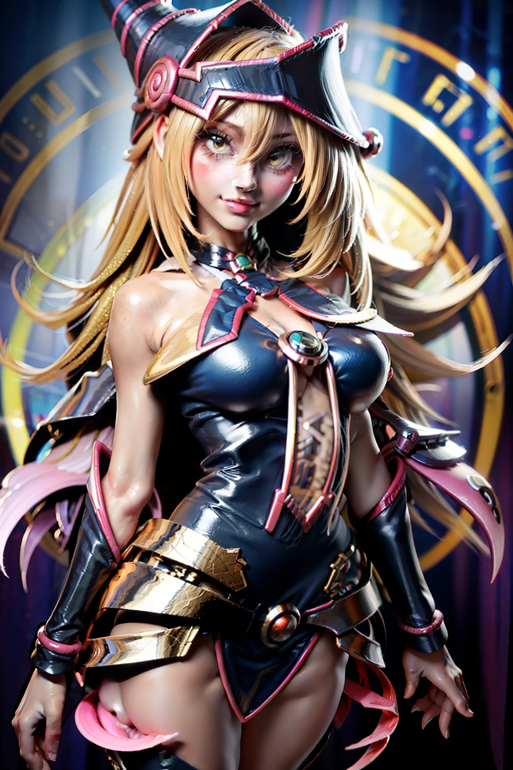 anime, Mujer, solamente, Cabello largo, They are smiling, debajo de los senos, cabello rubio dorado, cabello lacio desordenado, cabello encrespado, ojos amarillos dorados, cuerpo completo, Orejas de caballo, Conjunto de punk rock,