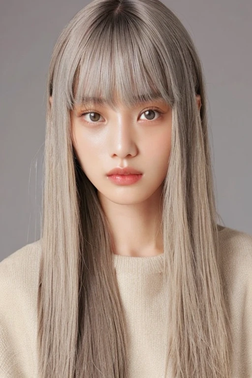 women are gray,20yr old、 beige gradation color hair、Straight hair、Pattsun bangs、surreal coquettish fashion、Fashion Editorial