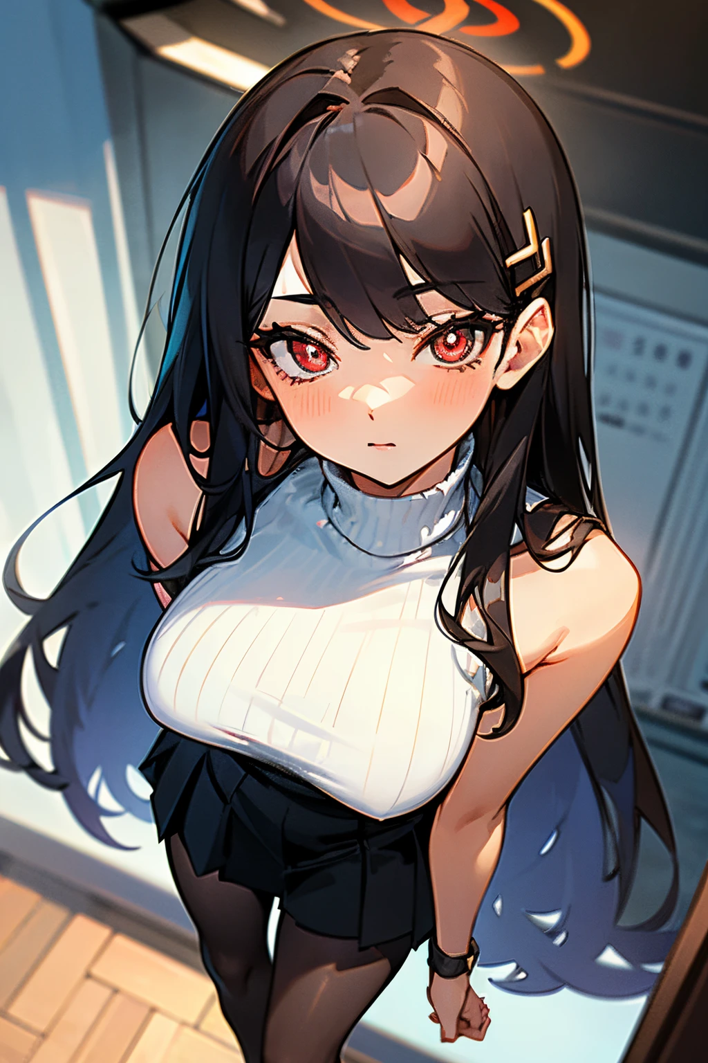 (*****, top-quality, 8K, masterpiece, Top image quality, Hi-Res, super detailing, Ultra HD, best quality, detailed background, (hyper detailed, intricate detail, Detailed hair ++, detailed eyes ++, raytracing, perfect shadow, enhanced eyes), (Delicate and smooth skin, real looking skin, Perfect and beautiful face ,Perfect and cute face, high detail skin, Perfect limbs)), girl , seductive face, lewd eyes, bare arms , bare shoulders , black halo , black pantyhose , black skirt , blush , bright pupils , closed mouth , hair behind ear , hair ornament , hairpin , indoors , large breasts , long hair , looking at viewer , looking up , pov from above, view looking down, mechanical halo , miniskirt , parted bangs , pleated skirt , red eyes , ribbed sweater , leaning back on desk, sleeveless , solo , tablet pc , white pupils , white sweater , wristwatch, rio (blue archive)
