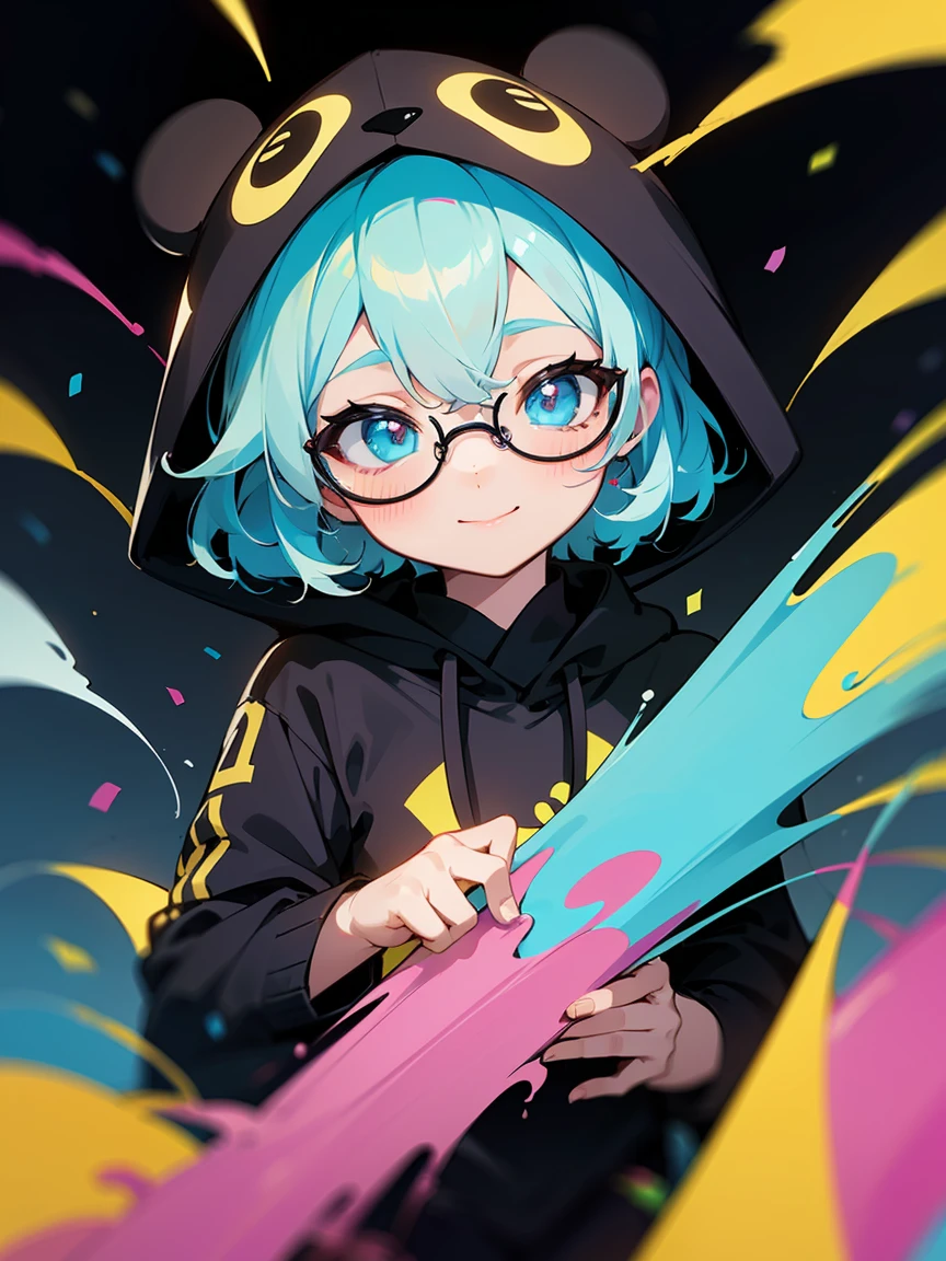 (Male child, eye glasses,A smile, silber hair)、white, yellow, Blue confetti on hood, In the style of cute cartoon-like design, Electrical color scheme, Dark white and dark bronze, Vivid color scheme, Happy Expressionism, 20mp, Dynocore), In the style of colorful mosaics, nightcore, Hard Edge Painting, Pattern Expansion, flickr, Cute and colorful, close-up), (While a small confetti is pouring out、In a cute art style, Philip Pantone, nightcore, shilin huang, Vivid color scheme, Dark white and dark bronze, Hi-Vision Ministry of Defense), (A boy wearing a panda bear hoodie makes a face, In the style of a colorful palette, nightcore, shilin huang, zigzag, uhd image, Aztec art, shiny)