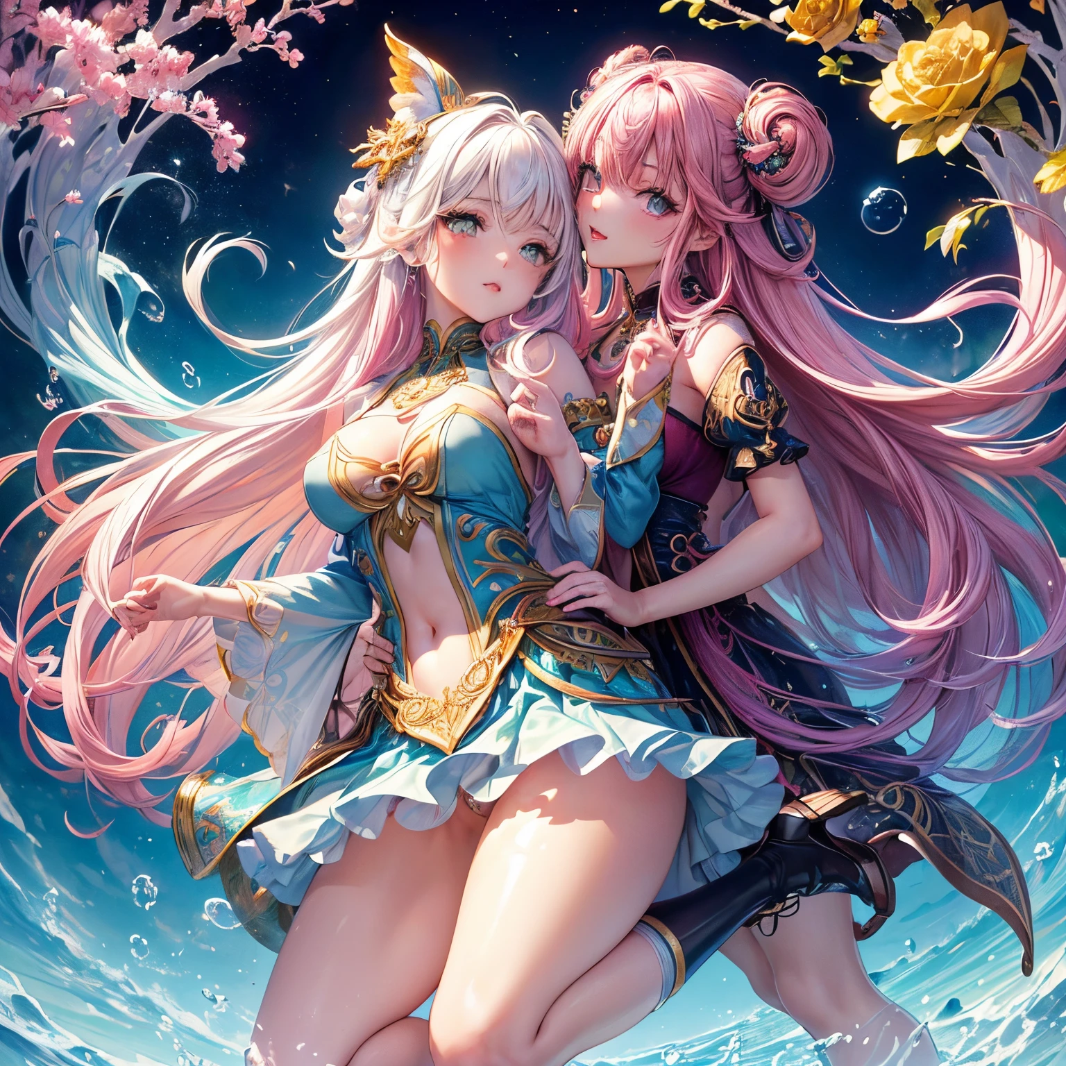 (Beautiful detailed eyes,Beautiful detailed lips,extremely detailed eye and face,longeyelashes,Cute girl wearing Shona Alchemy costume,Cute uniform,miniskirt laugh out loud,attractive girl,Best Quality,busty,masutepiece:1.2,stunning figure,Erotically cute,Ultra-high resolution,Gorgeous girl,Lovely girl,Multi-colored hair,Relaxation Socks,High resolution,gorgeous eyes,Perfect beauty) (masterpiece、top-quality、top-quality、watercolor paiting(Curly)、Official art、Beautifully Aesthetic:1.2)、(2girl with:1.3)、(Fractal Art:1.3)、The upper part of the body、From Side、looking at the viewers、patterns、(rainbow-colored hair、colourful hair、Half white and half pink hair:1.2)、((A detailed4This refers to、Thumb joint details))、Eau、gases、云、colourfull、Soap bubbles、Deep kissing、I'm、violate、Detailed panties