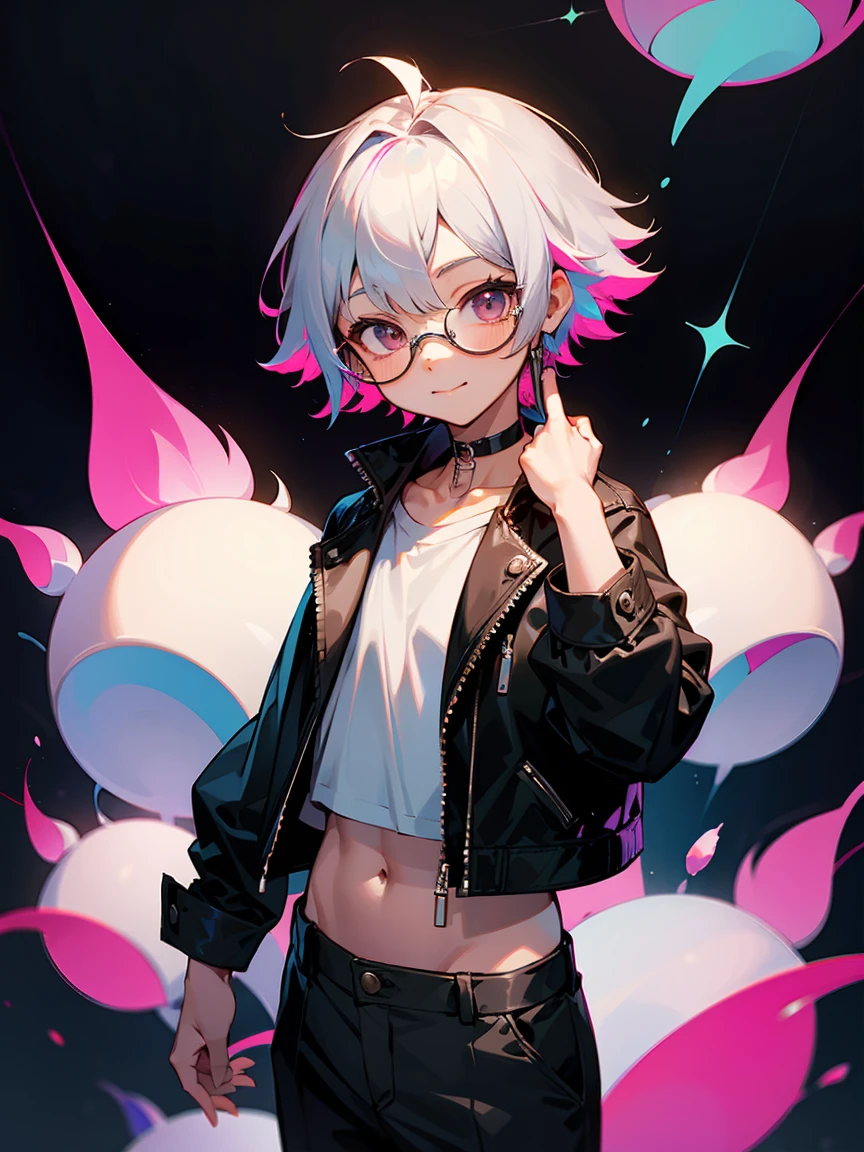(Male child, eye glasses,A smile, silber hair)、独奏、jaket、Black jacket、Iridescent background、a choker、razor、Leather jacket、O cabelo multicolorido、cowboy shot、Color Inner Hair、bangss、White shirt、Fluffy clothes、Two-tone、Viewer's Perspective、is standing、a closed mouth、A pink-haired、Hand up、croptop、sideways Facing