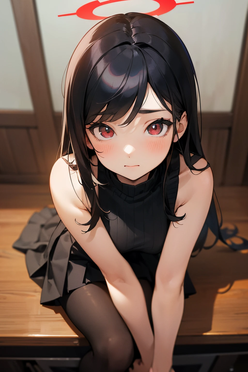 (*****, top-quality, 8K, masterpiece, Top image quality, Hi-Res, super detailing, Ultra HD, best quality, detailed background, (hyper detailed, intricate detail, Detailed hair ++, detailed eyes ++, raytracing, perfect shadow, enhanced eyes), (Delicate and smooth skin, real looking skin, Perfect and beautiful face ,Perfect and cute face, high detail skin, Perfect limbs)), girl , seductive face, lewd eyes, bare arms , bare shoulders , black halo , black pantyhose , black skirt , blush , bright pupils , closed mouth , hair behind ear , hair ornament , hairpin , indoors , large breasts , long hair , looking at viewer , looking up , pov from above, view looking down, mechanical halo , miniskirt , parted bangs , pleated skirt , red eyes , ribbed sweater , leaning back on desk, sleeveless , solo , tablet pc , white pupils , white sweater , wristwatch