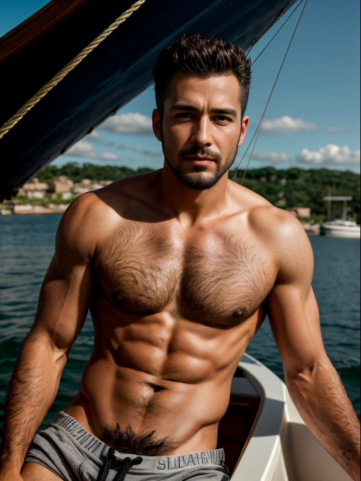 masterpiece, best quality, high resolution, closeup portrait, male focus, solo focus, A man, with sailor clothes, bare chest, body hair, facial hair, skinny body, dimples  goatee,  bold jawline , in the background a boat,  amazing composition, front view, HDR, ultra quality, elegant, highly detailed