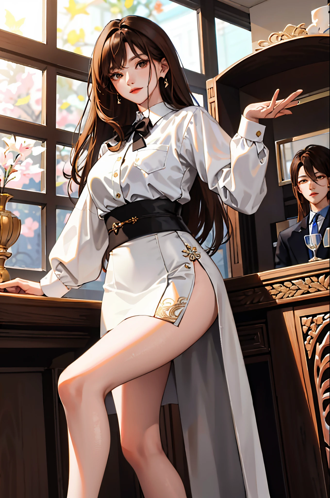 (tmasterpiece:1.2, need), (Realphotos, intricately carved), 独奏, 1 woman， brown  hair，long whitr hair， Korea，Business suite，White shirt on the upper body+Hem black tight skirt，black pantyhoses，Foot focus，without wearing shoes
