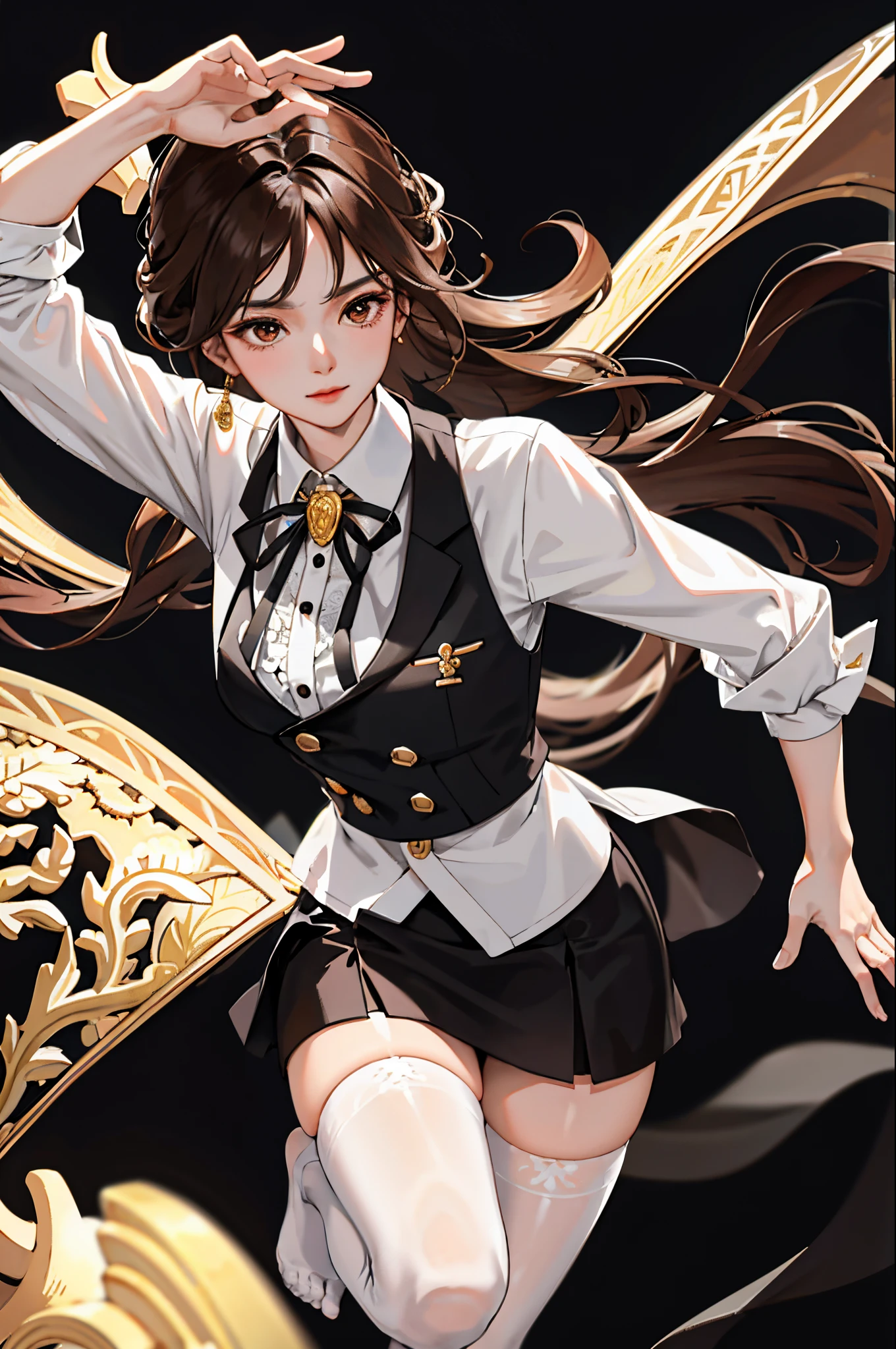 (tmasterpiece:1.2, need), (Realphotos, intricately carved), 独奏, 1 woman， brown  hair，long whitr hair， Korea，Business suite，White shirt on the upper body+Hem black tight skirt，black pantyhoses，Foot focus，without wearing shoes