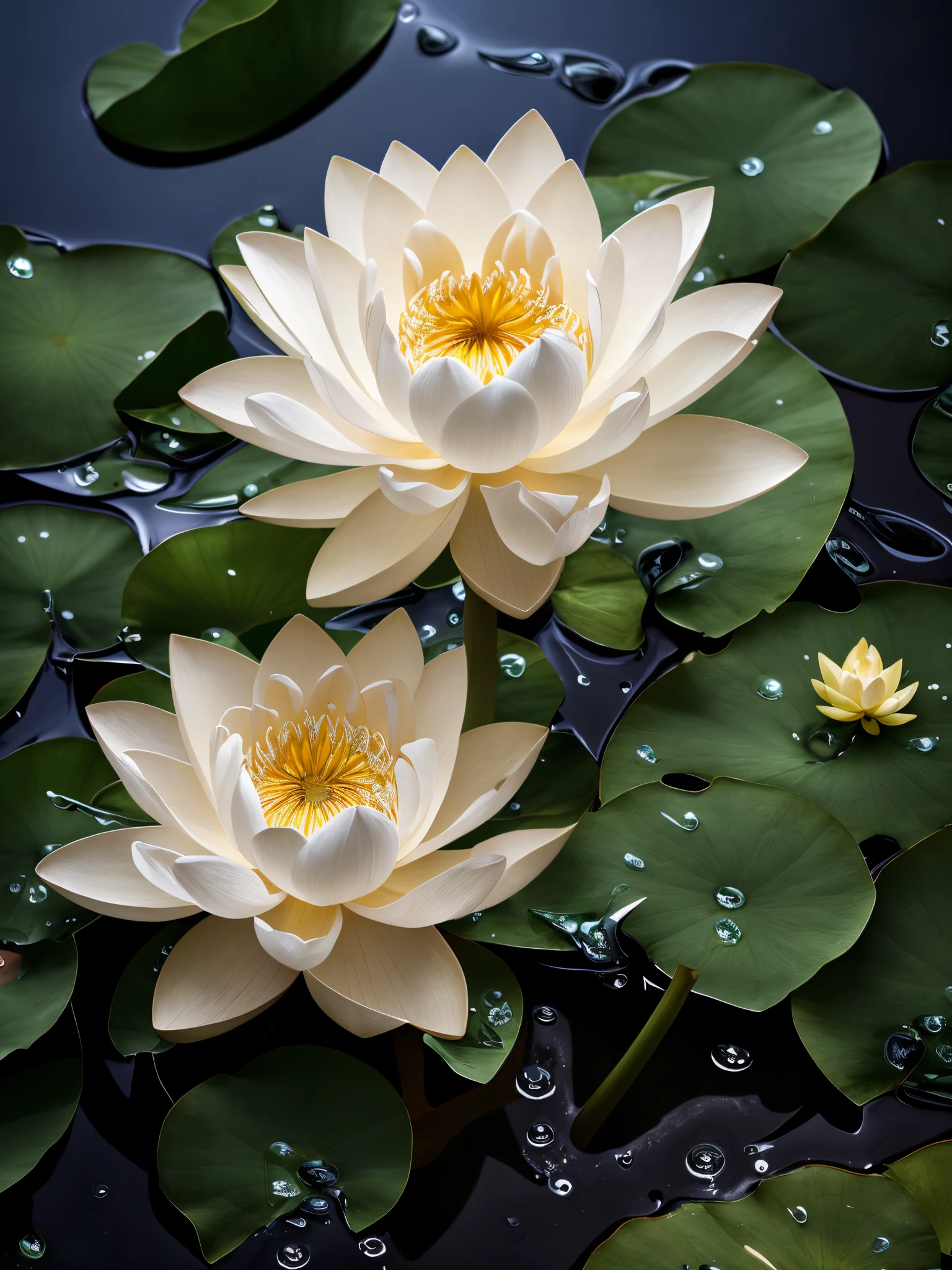 a lotus with leaves,Dark white and light green style,intricate flower arrangements,light yellow and light white,water dripping,32k uhd,northern china's terrain,Precise Surrealism – ar 3:4-v 5.2–s 750