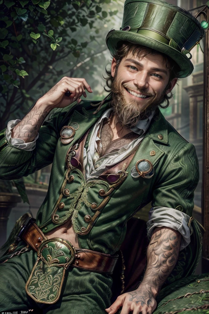 a man, 18 years old, ((((A portrait of a beautiful leprechaun)), (((Full 18 year old male)), Charming and sexy, Friendly and mischievous, ((Green top hat )), ((((beard and smile)),Daeni Pin Style, [Daniel F. Gerhartz Style::0.5], UHD Image, Hire, 8k, photo-realistic, Epic lighting, Sharp, Realistic, Romantic, focus,