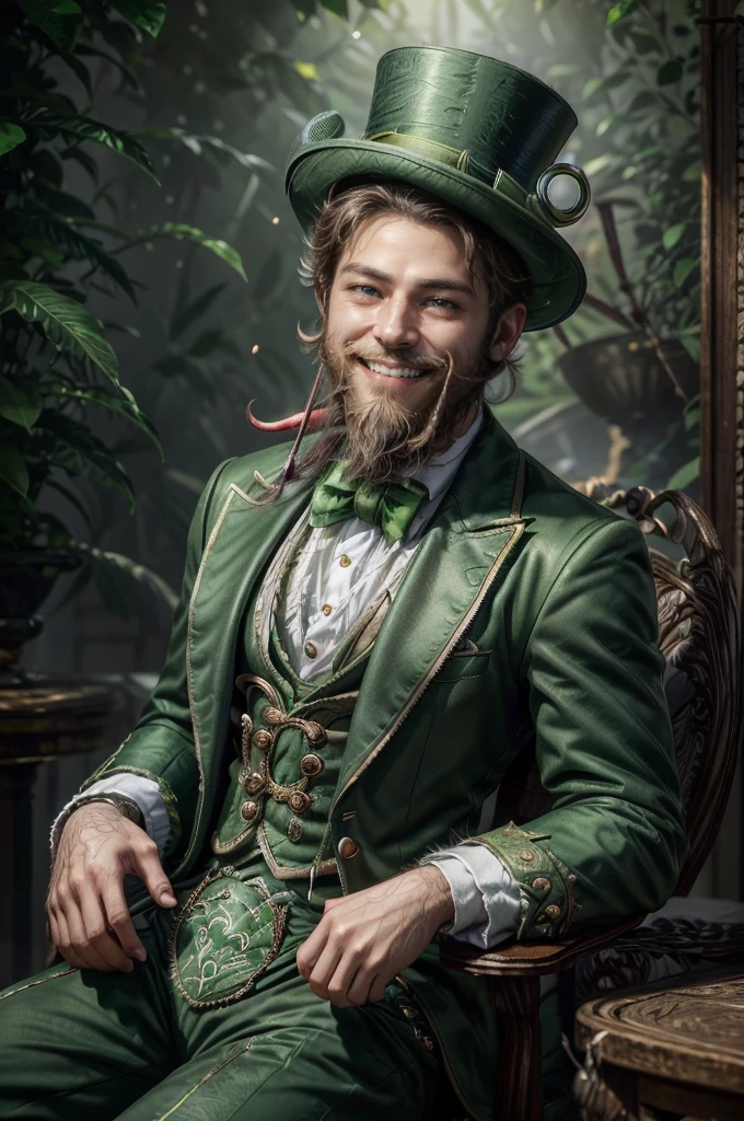 a man, 18 years old, ((((A portrait of a beautiful leprechaun)), (((Full 18 year old male)), Charming and sexy, Friendly and mischievous, ((Green top hat )), ((((beard and smile)),Daeni Pin Style, [Daniel F. Gerhartz Style::0.5], UHD Image, Hire, 8k, photo-realistic, Epic lighting, Sharp, Realistic, Romantic, focus,