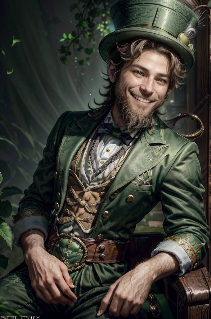 a man, 18 years old, ((((A portrait of a beautiful leprechaun)), (((Full 18 year old male)), Charming and sexy, Friendly and mischievous, ((Green top hat )), ((((beard and smile)),Daeni Pin Style, [Daniel F. Gerhartz Style::0.5], UHD Image, Hire, 8k, photo-realistic, Epic lighting, Sharp, Realistic, Romantic, focus,