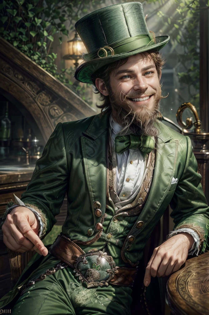 a man, 18 years old, ((((A portrait of a beautiful leprechaun)), (((Full 18 year old male)), Charming and sexy, Friendly and mischievous, ((Green top hat )), ((((beard and smile)),Daeni Pin Style, [Daniel F. Gerhartz Style::0.5], UHD Image, Hire, 8k, photo-realistic, Epic lighting, Sharp, Realistic, Romantic, focus,