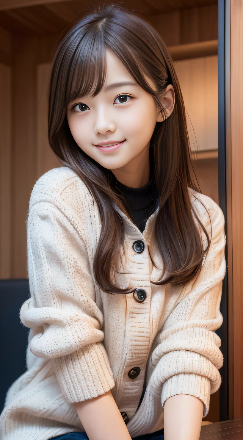 masutepiece、Best Quality、Illustration、 Ultra-detailed、finely detail、 hight resolution、8K Wallpaper、Perfect dynamic composition、Cute girl 、A detailed face、A detailed eye、Textured skin、discret smile、tiny chest、Bold sexy poses、Duffel coat、up of face、