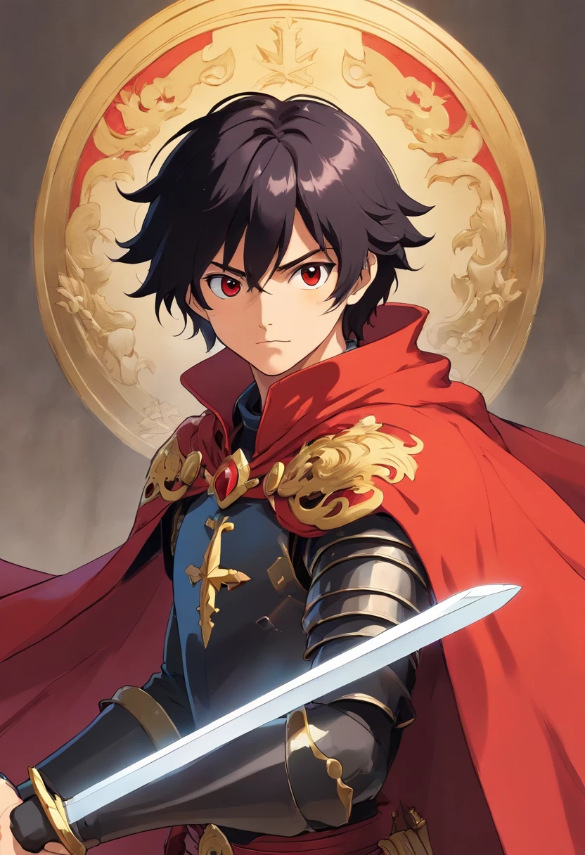 Man with cape wearing black armor, red cape, black hair, colorful animation stills, Holding a sword, there is a portrait of an emperor on the front with a blank background, like a king