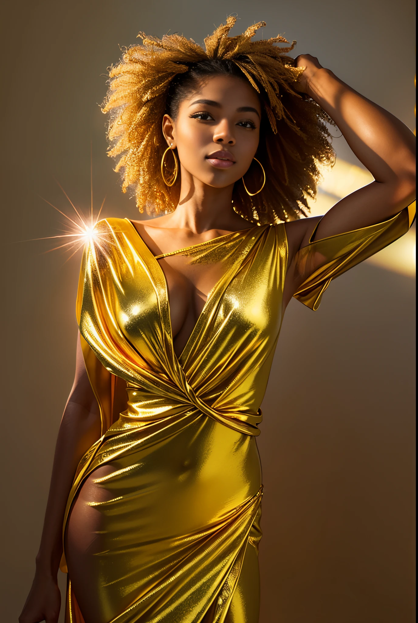 a black woman in a gold dress, posing for a picture, draped in silky gold, golden dress, draped in gold, golden hues, gold glow, golden aura, wearing a dress of gossamer gold, glowing golden aura, gorgeous woman, gold clothes, shining golden hour, bathed in golden light, golden light, draped in shiny golden oil, golden glow, big hair, full body pose