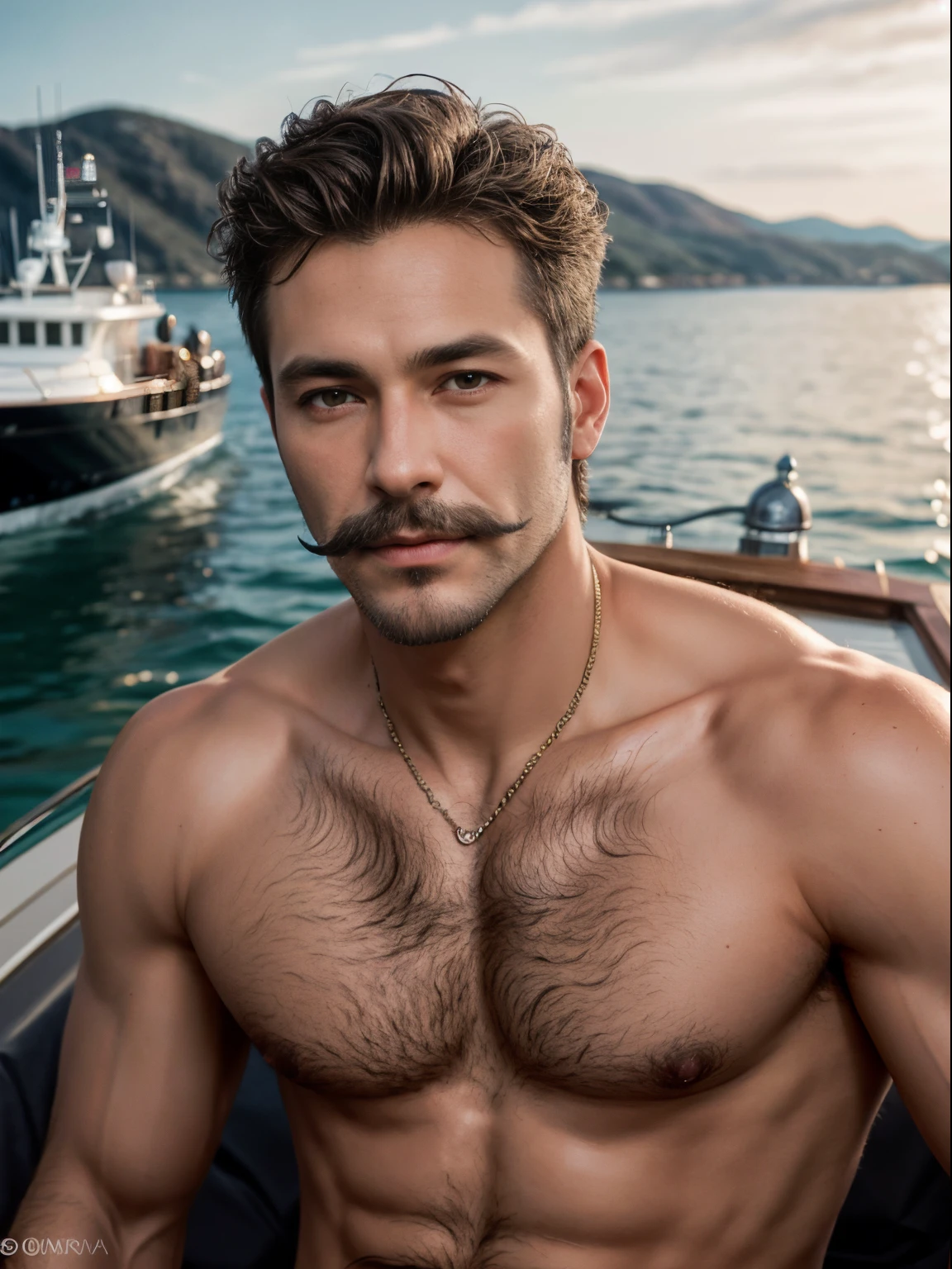masterpiece, best quality, high resolution, closeup portrait, male focus, solo focus, A man, with sailor clothes, blonde hair, bare chest, body hair, facial hair, skinny body, dimples goatee and mustache, bold jawline , in the background a boat, amazing composition, front view, HDR, ultra quality, elegant, highly detailed