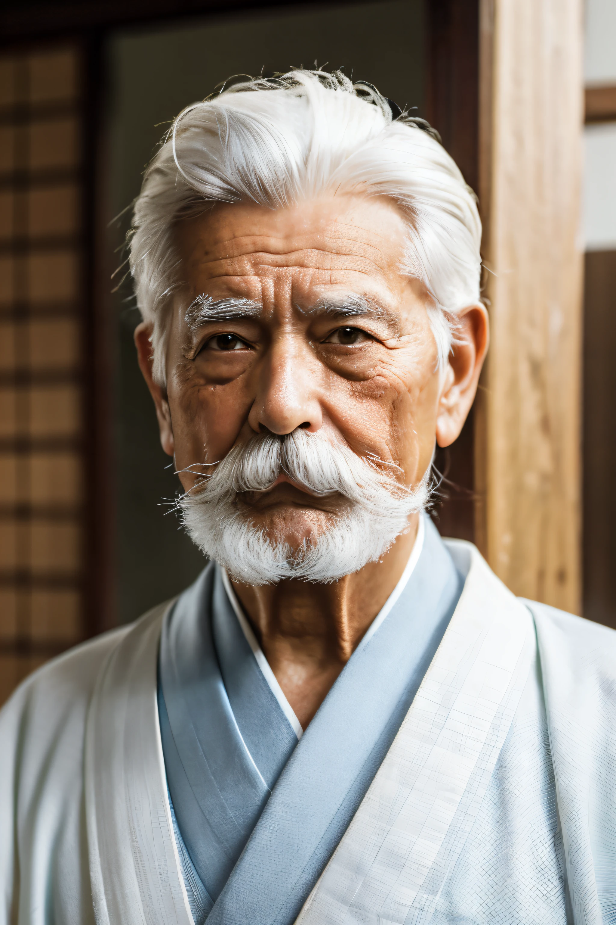 A old man frontage mustache white hair The long-haired kimono eyesight Sharp eye light Know