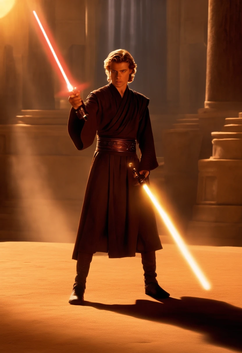 Anakin is practicing his lightsaber skills in the Jedi temple training grounds, with the setting sun casting a golden glow on him.,Star Wars: Episode II - Attack of the Clones,Anakin Skywalker