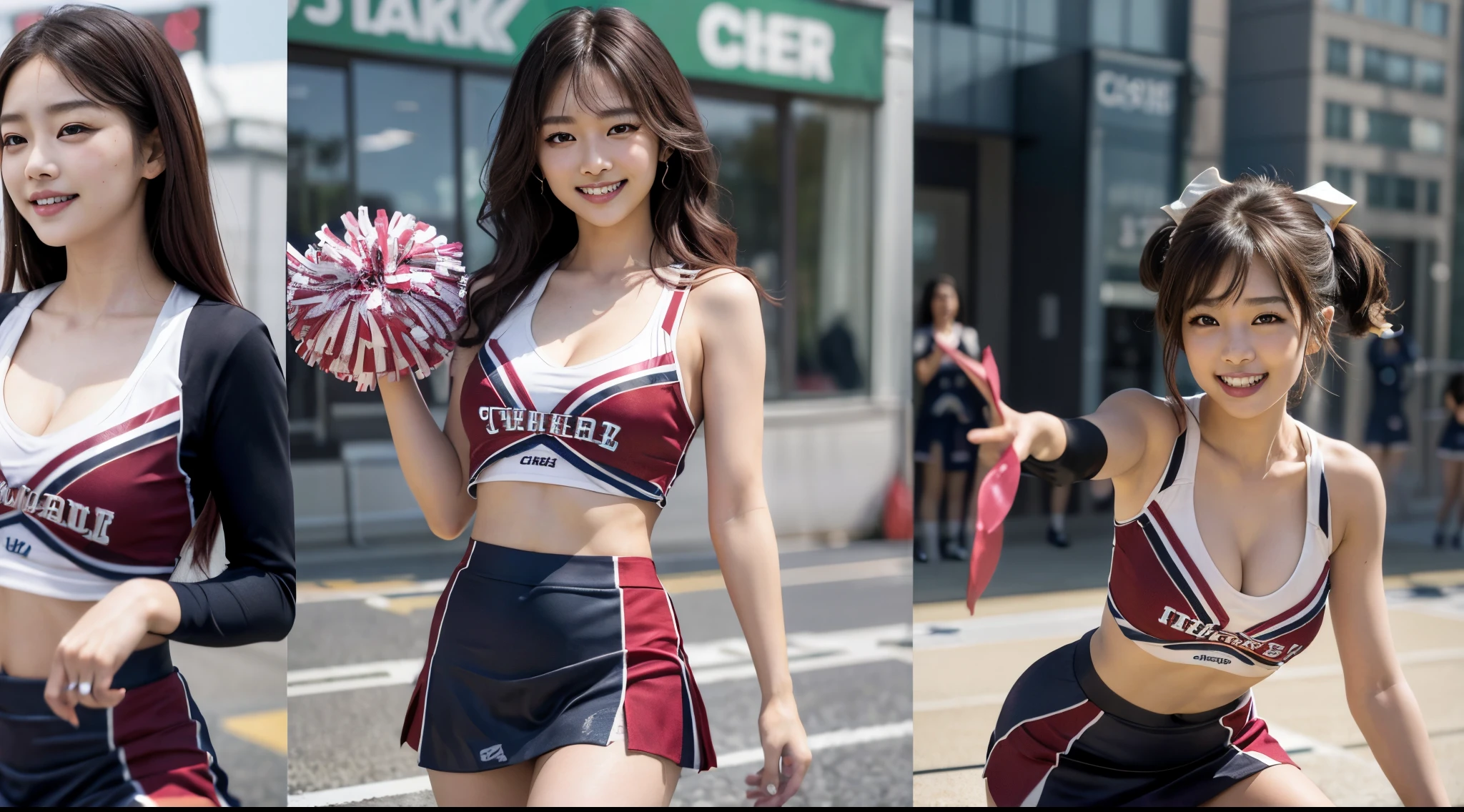 8K Raw photograph、Beautuful Women:2.0、24 years of age、japanes、Cute Baby Turtle、cleavage、((cheer girl:1.5))、mini-skirts、beautidful eyes，Meticulous details、eyeslashes、((Brown eyes:1.2))、beautiful double eyelid、eye shadows、Perfect eye makeup、((A smile:1.6))、Beautiful and thin legs、(maroon hair)、Medium hair、voluminous hair、stadio、In the daytime、Latino、真实感:1.9、Sexy navel、lean legs、tthin eyebrows、Tear bag、a tall nose、((Extremely libido))